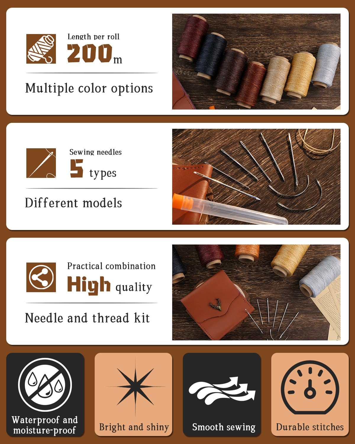 DIUDUS 218 Yards Waxed Thread, Leather Sewing Waxed Thread with Heavy Duty Sewing Needles, Leather Thread for Hand Stitching Leathercraft Repair Furniture Shoes Bags Sofa (Black)