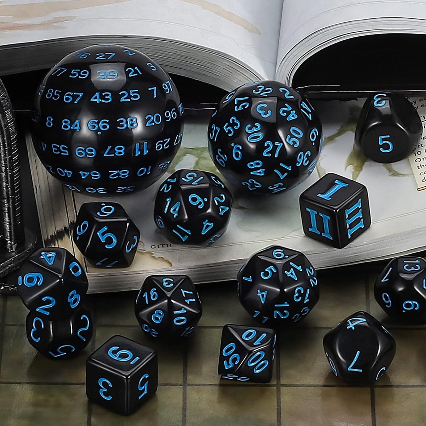 CiaraQ DND Polyhedral Dice Set (15pcs) D4-D100 Game Dice with Dice Bag for Dungeons and Dragons Role Playing Table Games (Black & Blue)