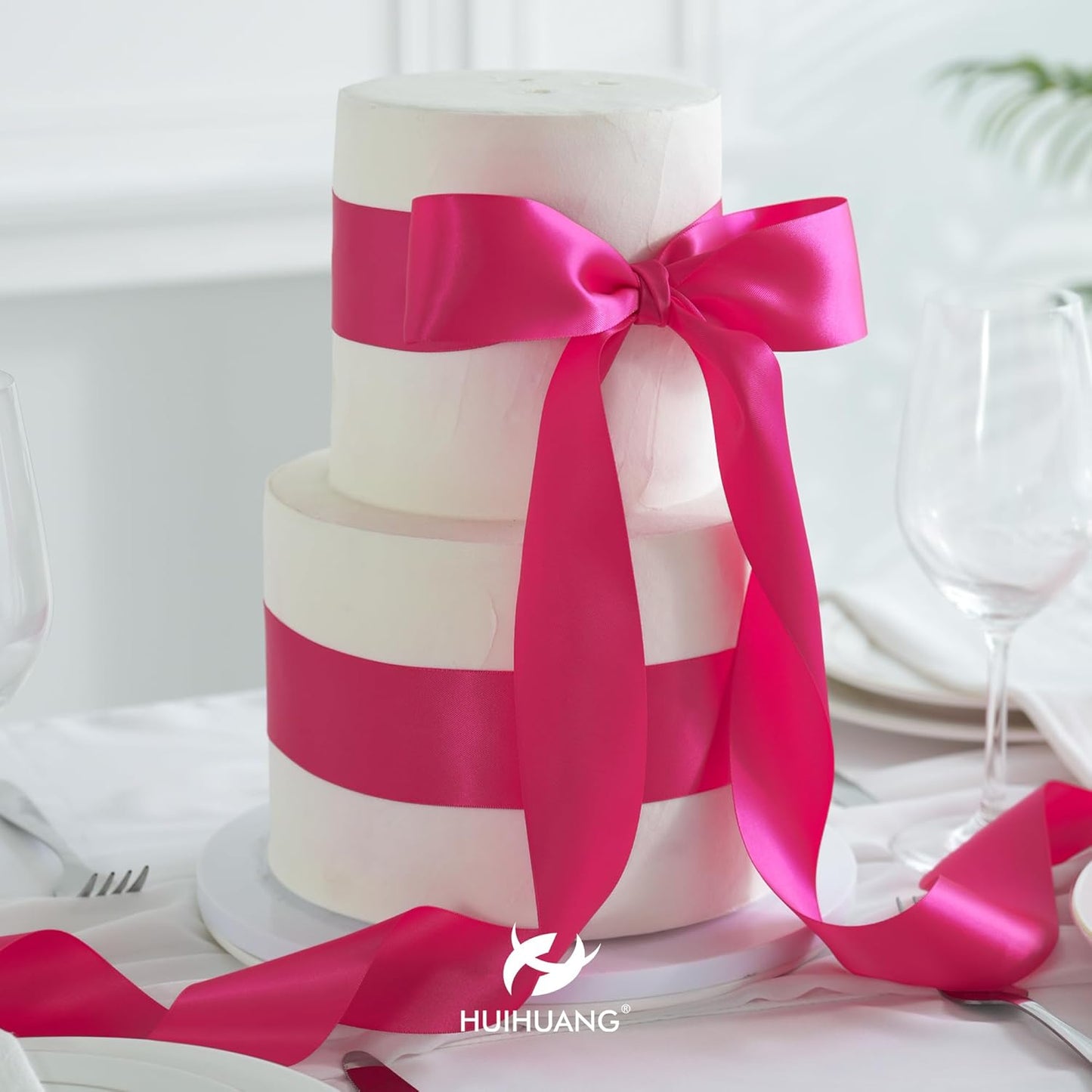 HUIHUANG Hot Pink Satin Ribbon - 2 inch Wide, Double Faced, Fuchsia - 25 Yards/Roll for Gift Wrapping, Bows Making, Flower Bouquet, DIY Crafts, Wedding, Bridal Shower, Holiday Party Decor