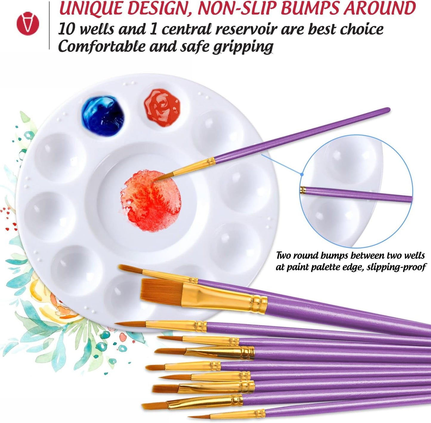 Halloween Paint Brushes Palettes Set by DUGATO, 2 Packs/20pcs Round Pointed Tip Nylon Hair Brushes with 5 Paint Trays for Acrylic Watercolor Oil Gouache Tempera and Body Painting (Purple)