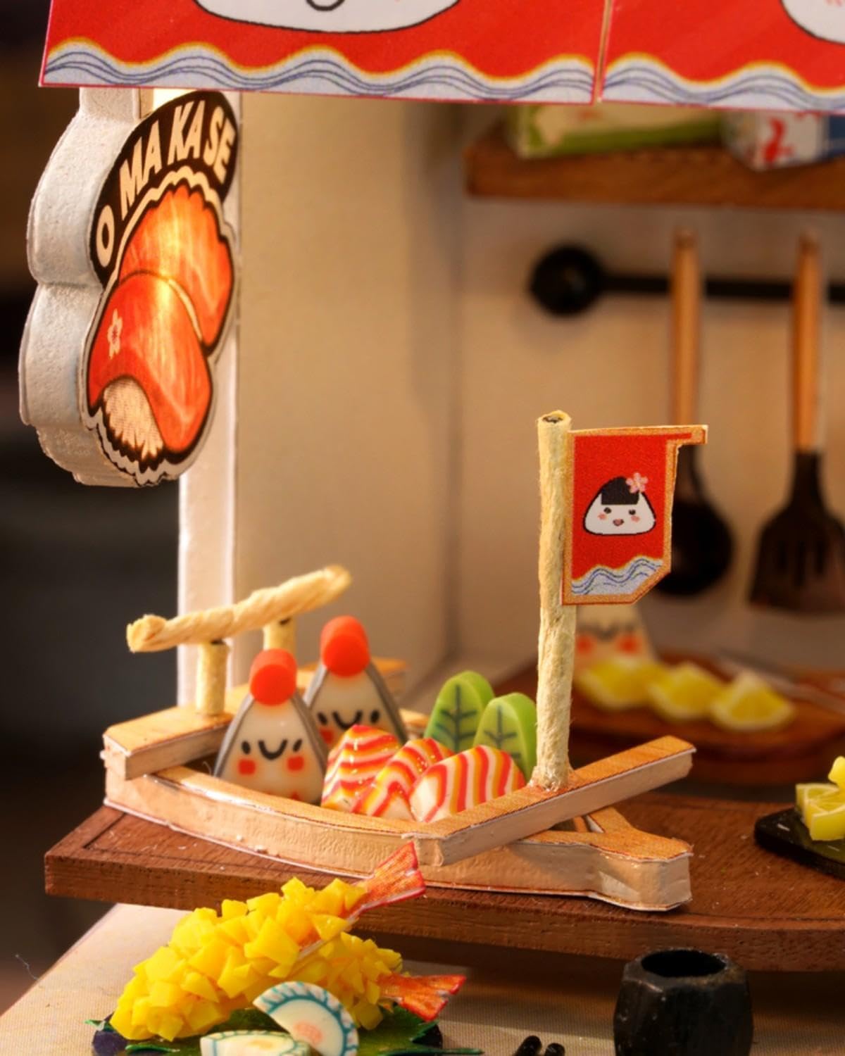 DIY Miniature House Kit, Mini House Building Kit with LED & Dust Cover, DIY Wooden Dollhouse Miniature Kit for Adults Teen, Wooden Crafts Lovely Dollhouse Kit, Revolving Food House