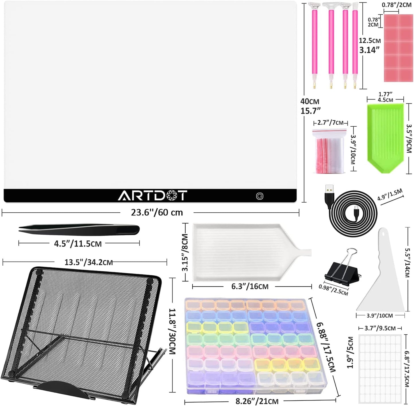 ARTDOT A2 LED Light Pad for Diamond Painting USB Powered Light Board Kit, Adjustable Brightness with 12 Angles Stand and Clips