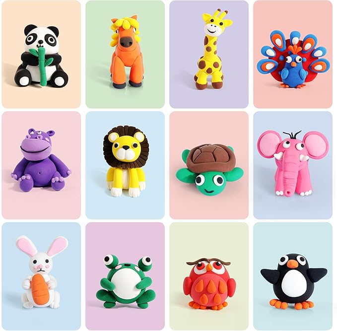 Air Dry Clay Kit for Kids, 12 Animals Modeling Clay with Tutorial Cards & Video, 8 Sculpting Tools, Ultra Light, Safe & Non-Toxic, Arts and Crafts Toys Christmas Gifts for Boys Girls