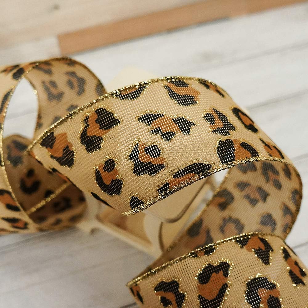 CT CRAFT LLC Burlap Leopard Fabric Wired Ribbon 2.5" x 10 Yards Natural with Black and Bronze Color for Christmas Home Wedding Decor Gift Wrapping Tree Topper Bow Wreath Bouquet DIY Crafts
