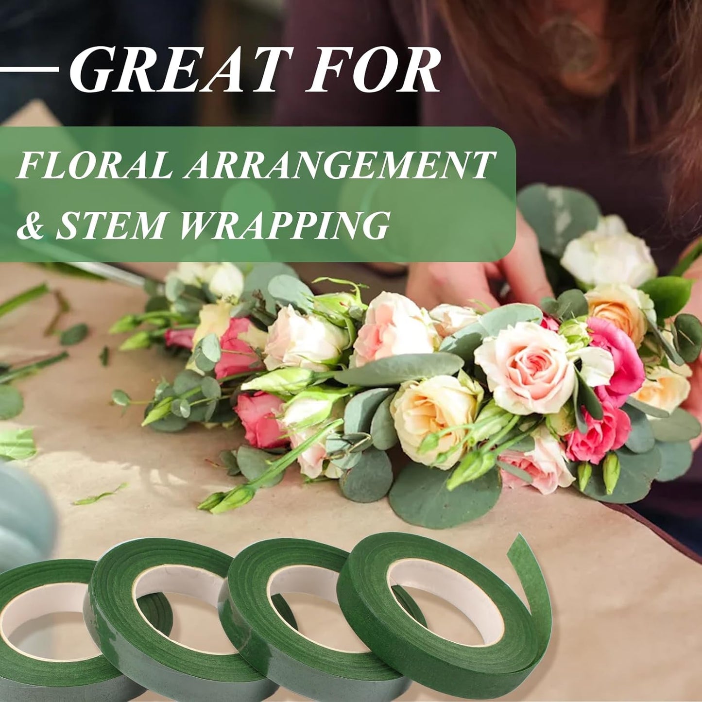 Phinus 9 Rolls Floral Tape, 1/2 Inch x 30 Yard Flower Tape, Green Floral Tape for Floral Crafts Supply, Bouquet Stem Wrapping, Wedding Bouquet (Green)