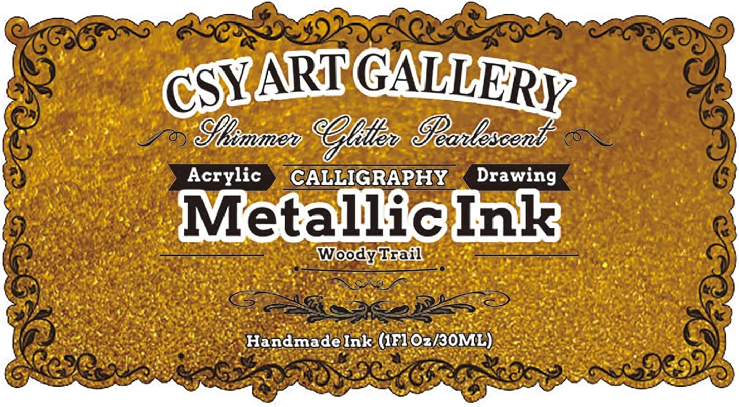 CSY Art GalleryMetallic Acrylic Paint Inks -Gold Calligraphy Ink -Golden Iridescent Pigment for Painting,Drawing,Sketch,Resin,Wood,Ceramic (Woody Trail)