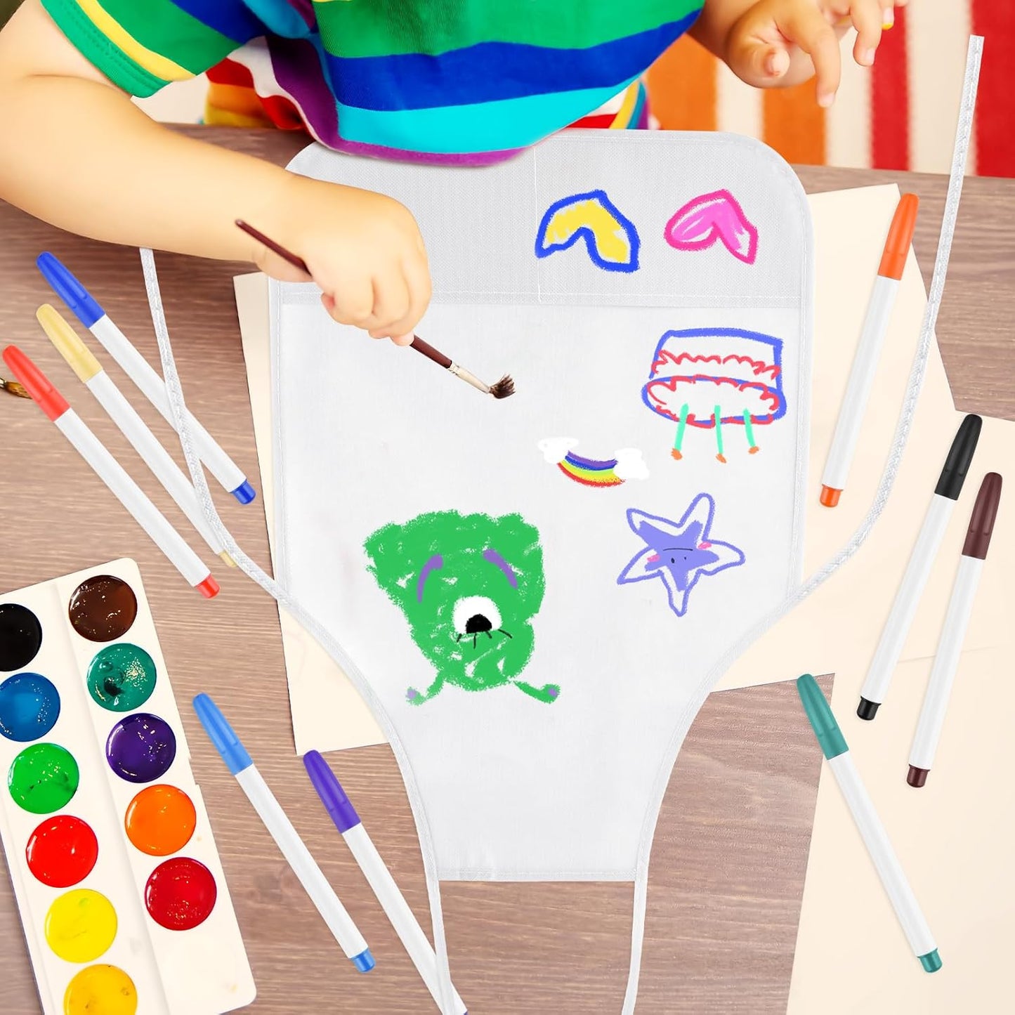 72PCS DIY Kids Chef Hat and Apron Set Kids Painting Aprons with Colored Pen and Crafts Template for Baking Painting Craft