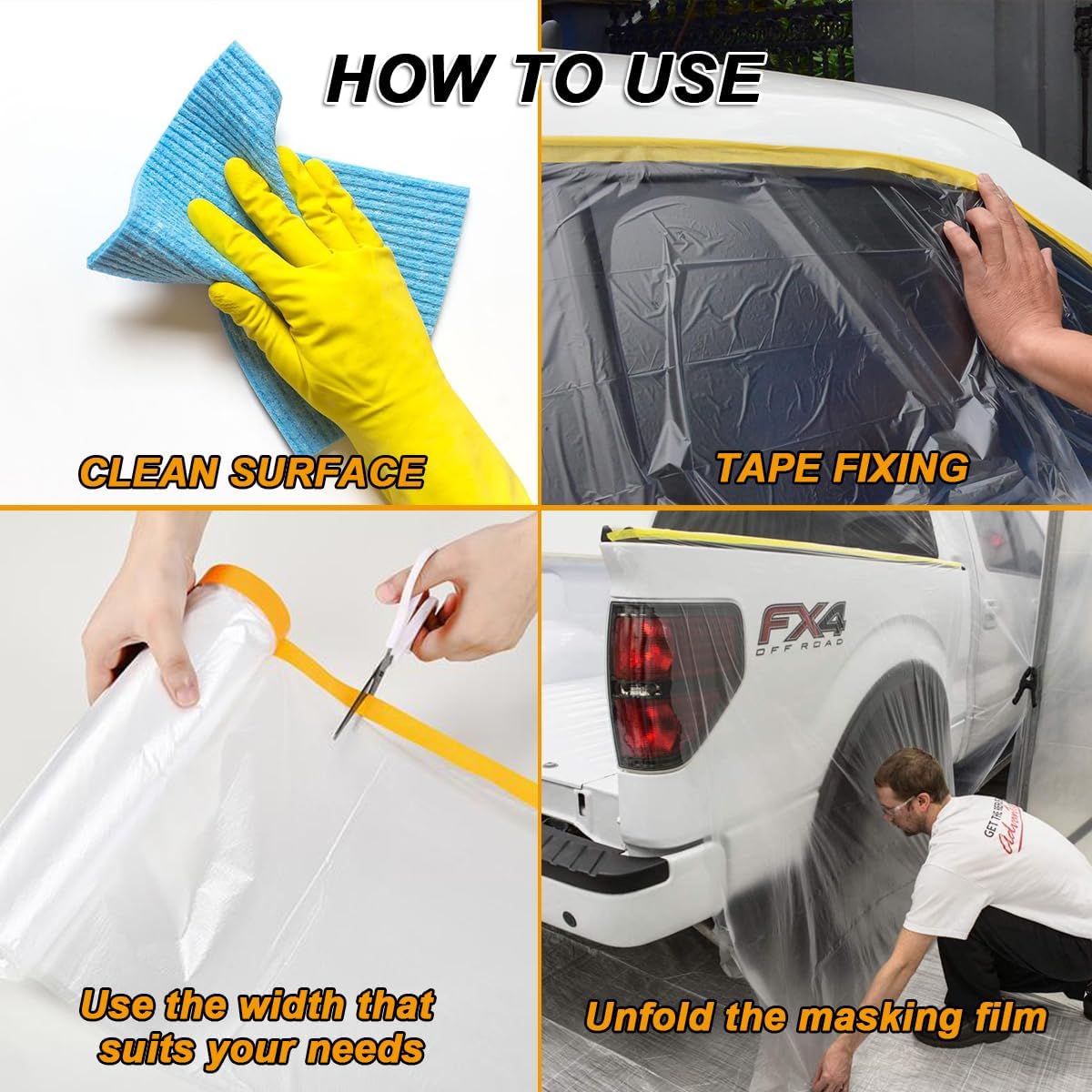 3 Pack Protective Masking Film with Tape 5 x 65 Ft Car Painters Plastic Sheeting Roll Tape and Drape Masking Film for Automotive Painting Covering Frames, Furniture, Auto Body