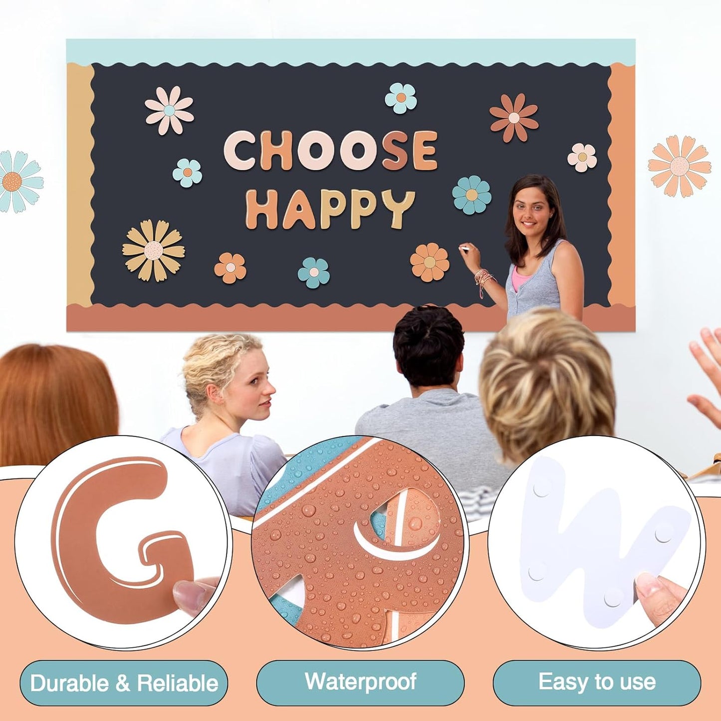 221 Pcs Bulletin Board Letters Round Alphabet Number Punctuation Symbol Combo Letter Cutouts Classroom Decoration for School Classroom Chalkboard Poster Board(Retro Boho)