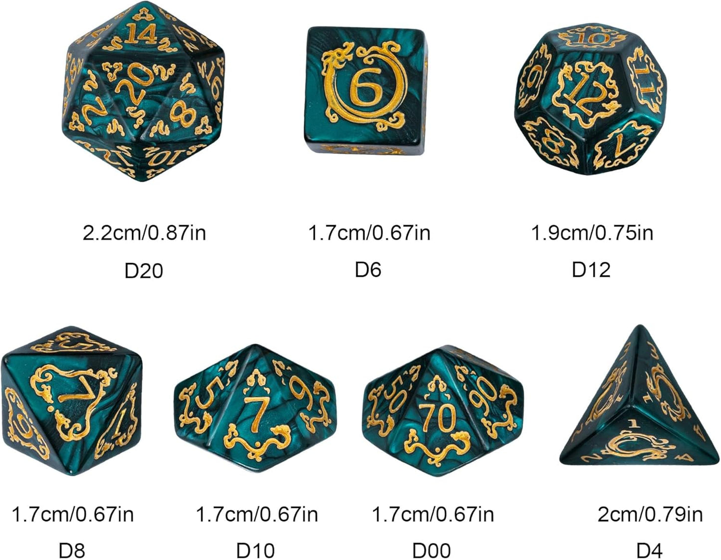7-Die DND Dice Set Dragon Pattern Polyhedral Die with Leather Bag D&D Dice Set for RPG Table Games (Green W/Gold Dragon Pattern)