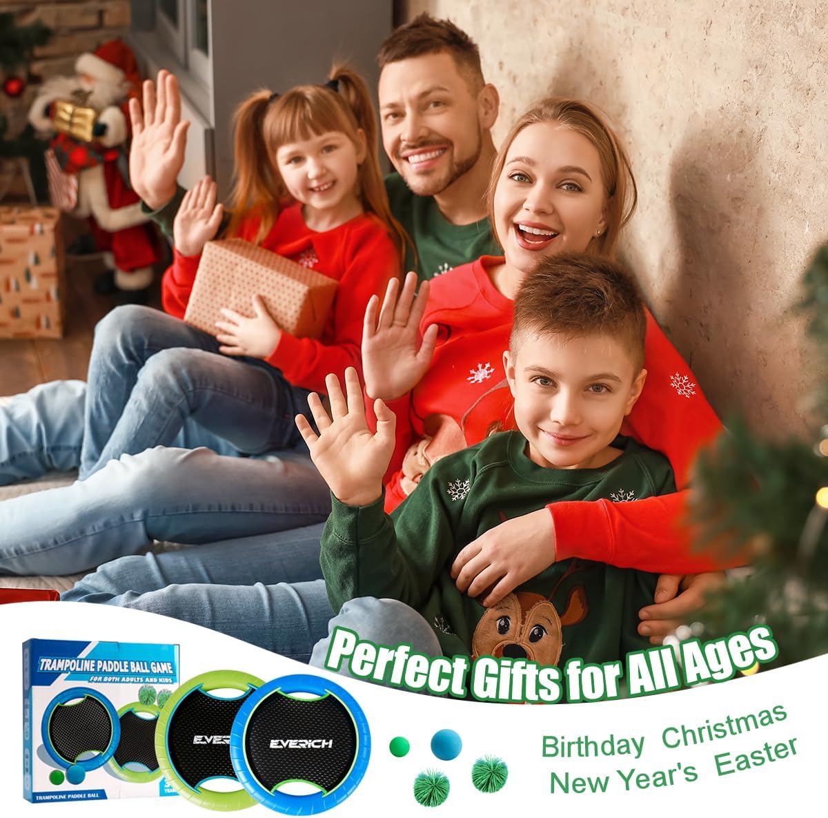 EVERICH TOY Trampoline Paddle Ball Set with 4 Bouncy Paddles & 8 Balls - Soft Foam Design for Kids Play Indoor Outdoor Beach Backyard Lawn - Great Gift Idea for Boys & Girls