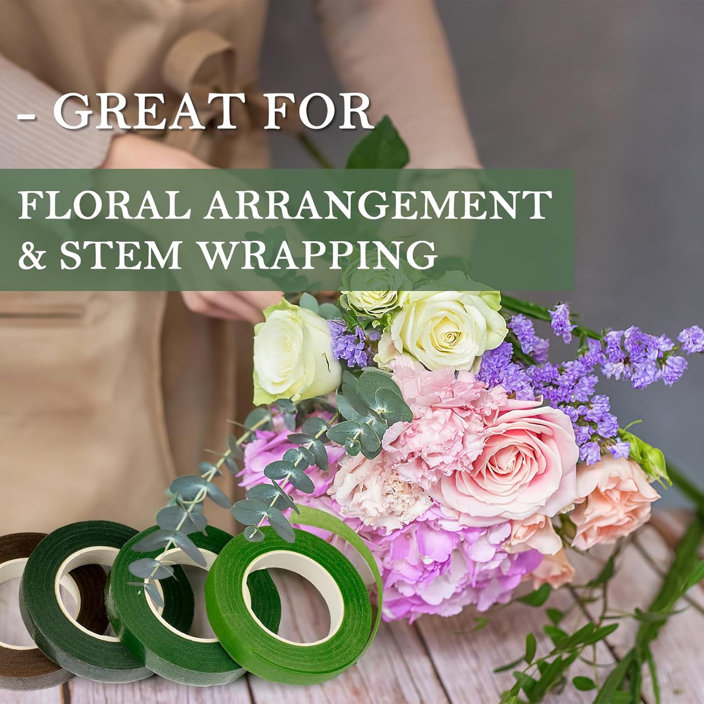 8 Rolls Floral Tape, 1/2" Wide Flower Tape, Mix Green Floral Tape for Fresh Flowers, Adhesive Florist Tape for Floral Crafts, Bouquet Floral Arranging Stem Wrapping, Wedding Bouquet, 30Yard