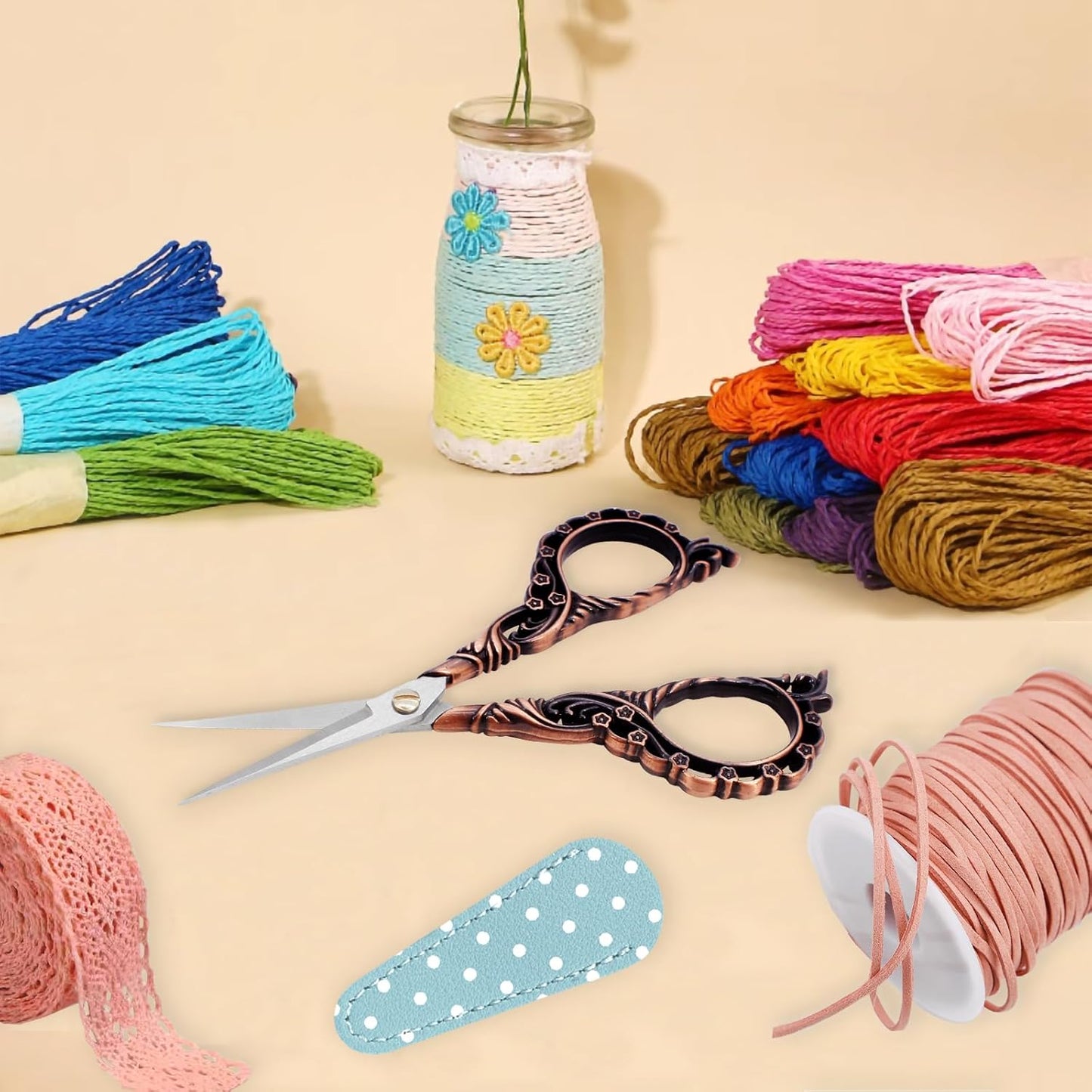 BIHRTC 4.5Inch Small Sewing Scissors Cross Crochet Scissor with Artificial Leather Cover Stainless Steel Tip Top Threading Scissors for Embroidery Needlework Craft Artwork