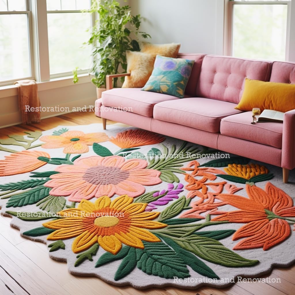Handmade Wool Floral Area Rug for Living Room | Elegant Flower Garden Design, Soft, Thick and Durable | Bedroom, Dining Room & Home Decor Carpet (7' Round, Floral G)