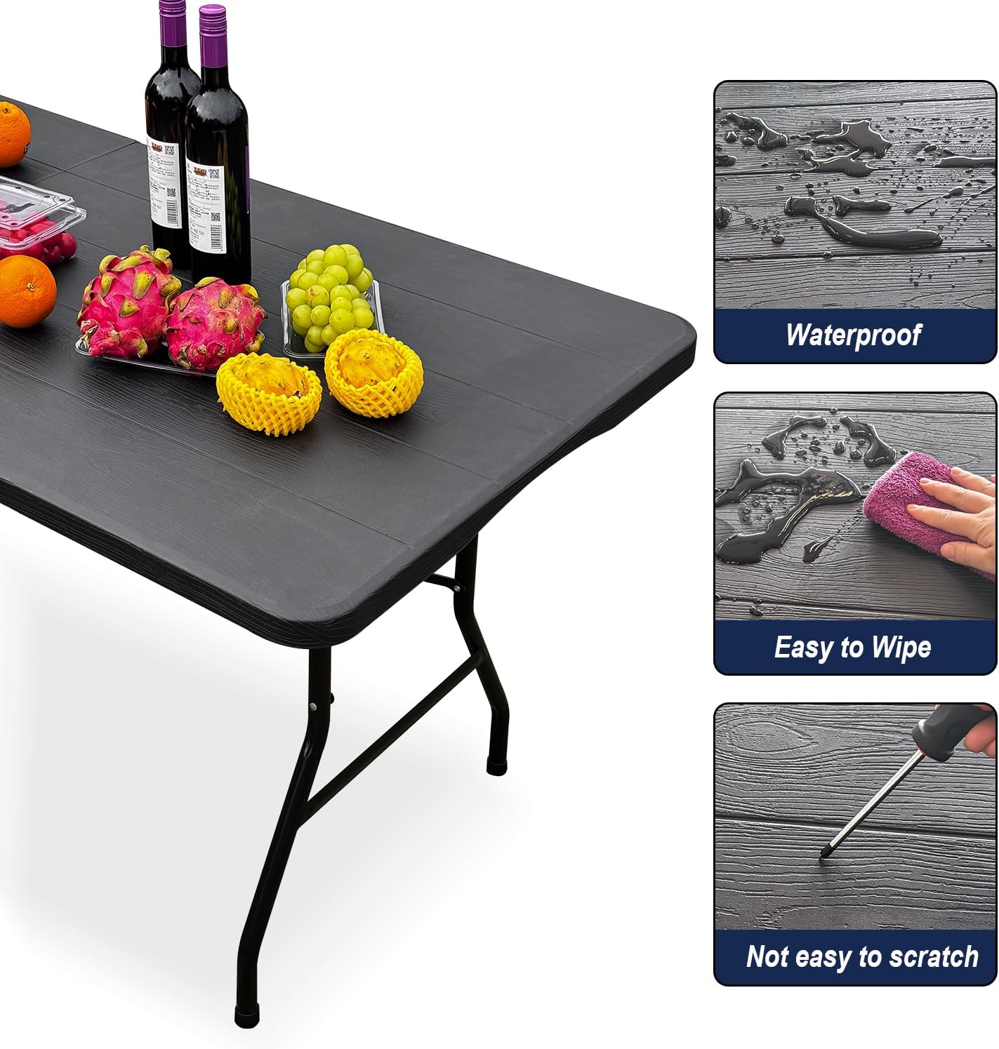 70.8" W X 29" D X 29" H - 6 ft Folding Table Black Wood Grain Portable Heavy Duty Plastic Fold-in-Half Utility Foldable Table for Camp,Picnic & Party