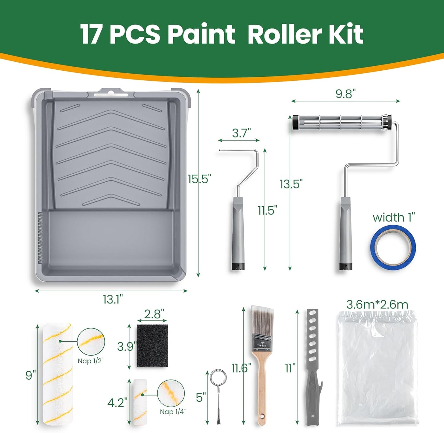 VOOMEY 17 Piece Paint Roller Kit - Paint Rollers 9"4", Paint Roller Frame,Paint Trays, Microfiber Roller Cover, Paint Kit for House Painting,Paint Brushes for Painting Walls