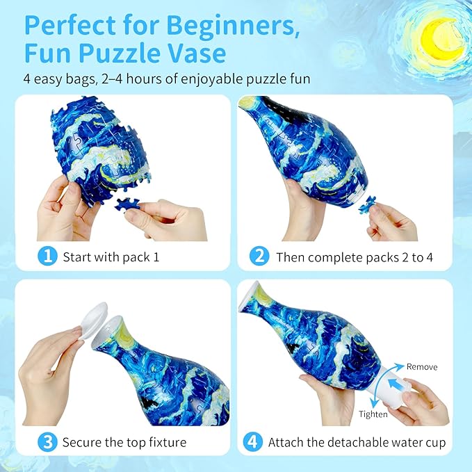 BELEEV 3D Puzzle Vase for Adults, 160 Pieces DIY Plastic Flower Vase, Compatible with Block Flowers, Unique Home & Office Decor, Housewarming and Birthday Gift for Flower Arrangements (Starry Ocean)