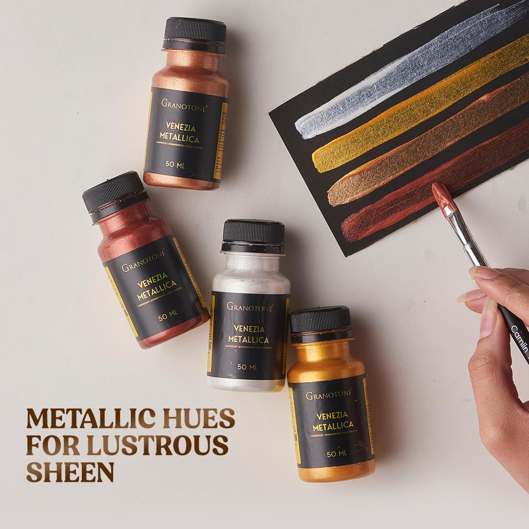 GRANOTONE Acrylic Venezia Metallic Colour | 12 Metallic Shades | 50 ml | Extra Sheen | Non Fading | Indoor/Outdoor | Non Toxic | Multi-Surface | Pro Artist, Hobby Painters & Kid | Made In India