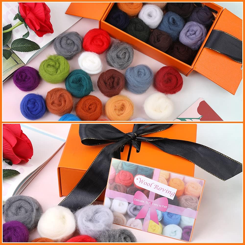 Mayboos 30 Colors Wool Roving Yarn for Needle Felting - DIY Craft Fiber Wool for Wet Felting - 3g/Color (Dark Color)