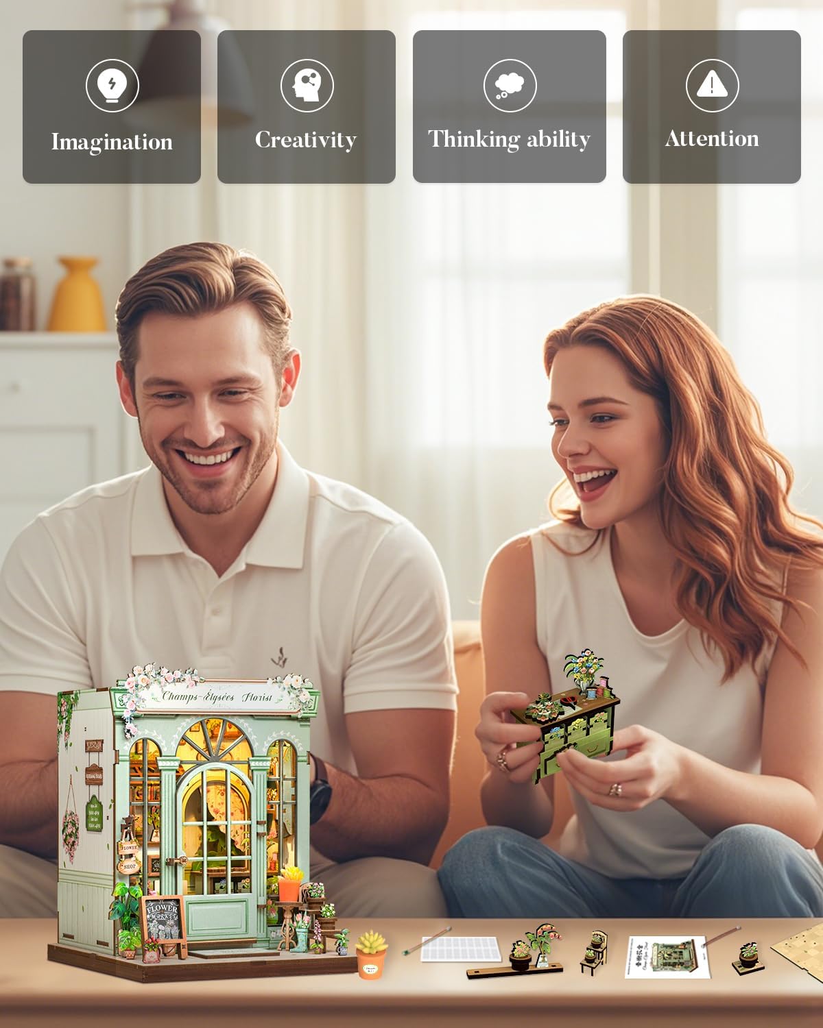 Cutefun Book Nook Kit - DIY Miniature Dollhouse Kit 3D Creative Decorative Bookend 3D Wooden Puzzle for Adults, Bookshelf Insert Room Decor with LED Light (Champs-Élysées Florist)