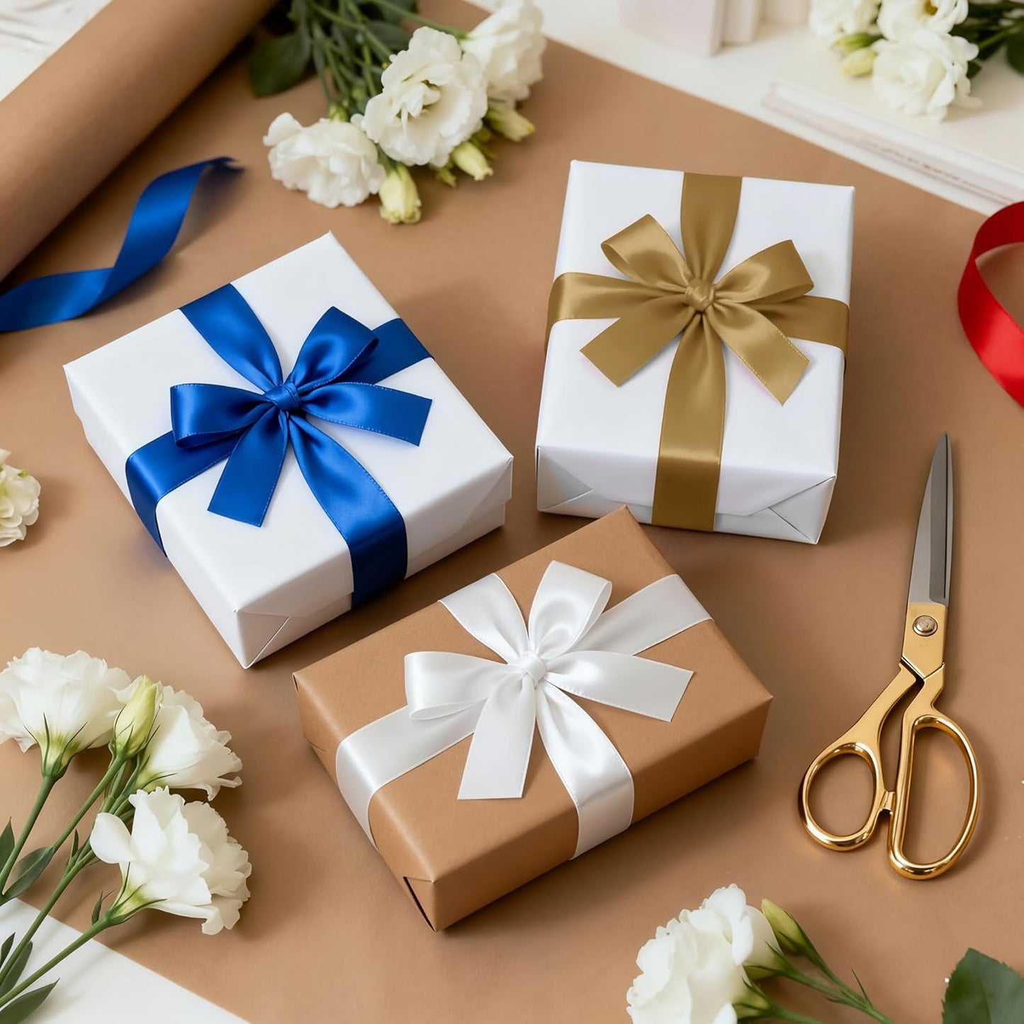 1-1/2 Inch 100 Yards Satin Ribbon Champagne Gold, Solid Color Fabric Ribbon for Gift Wrapping, Wedding, Polyester Gift Ribbon for Birthday Party Decoration, Craft, Hair, Floral, Sewing