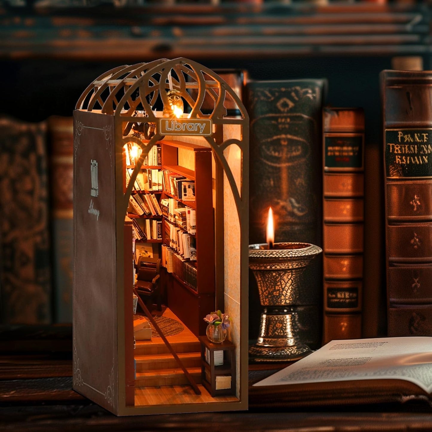 DIY Book Nook Miniature Kit, 3D Wooden Puzzles Bookend, Bookshelf Insert Decor, Assemb Build for Adults, Unique Gift for Birthday Father's Day, Library