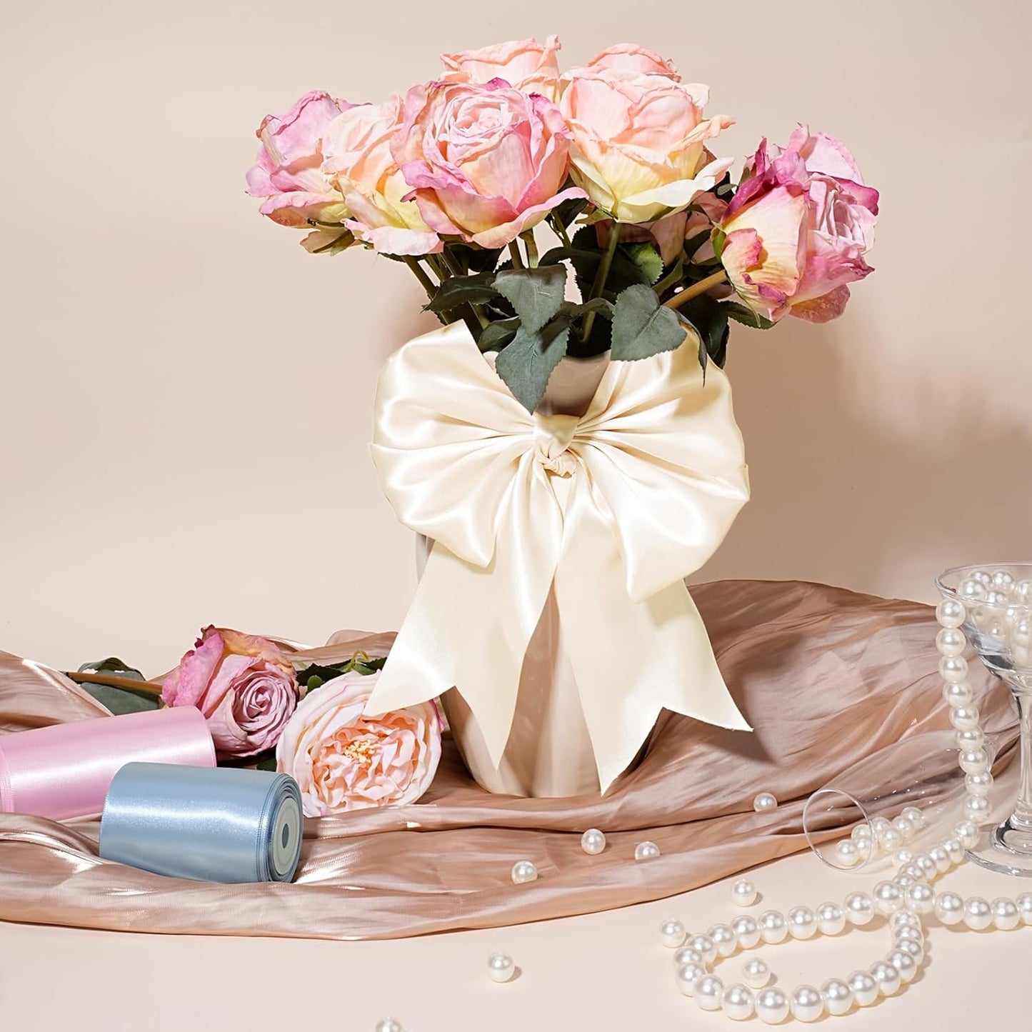 LaRibbons Nude Satin Ribbon 4 Inch 10 Yards Double Faced Luxury Nude Silk Ribbon for Gift Wrapping Flower Bouquets Bow Christmas Wedding Party Decoration