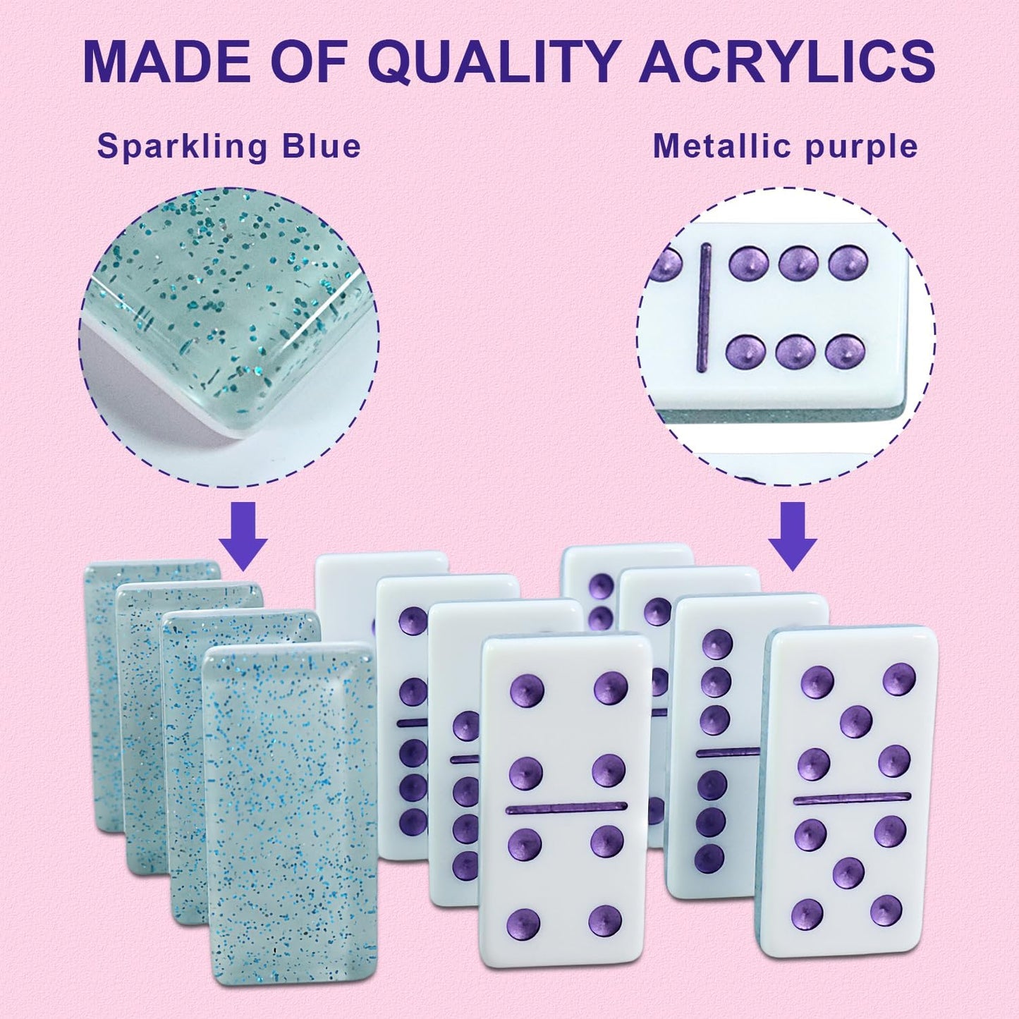 IDTQ Dominoes Set for Adults, Double 6 Dominos Game Set with 28 Domino Tiles Double with Upscale Gift Boxes -7 Polyhedral Dice -Classic Board Games (Light Blue)