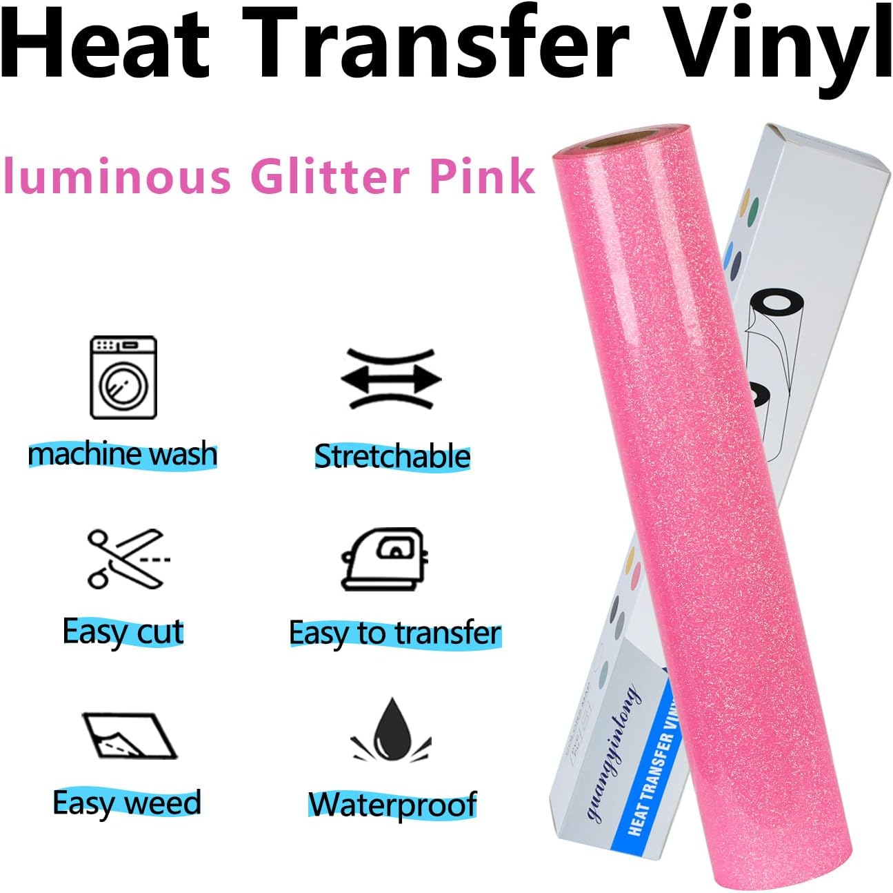 guangyintong Glow Glitter Pink Heat Transfer Vinyl HTV Rolls, 12" x 8ft Iron on Vinyl for T-Shirts, Glitter HTV Vinyl for All Cutter Machines Easy to Cut & Weed for DIY Design