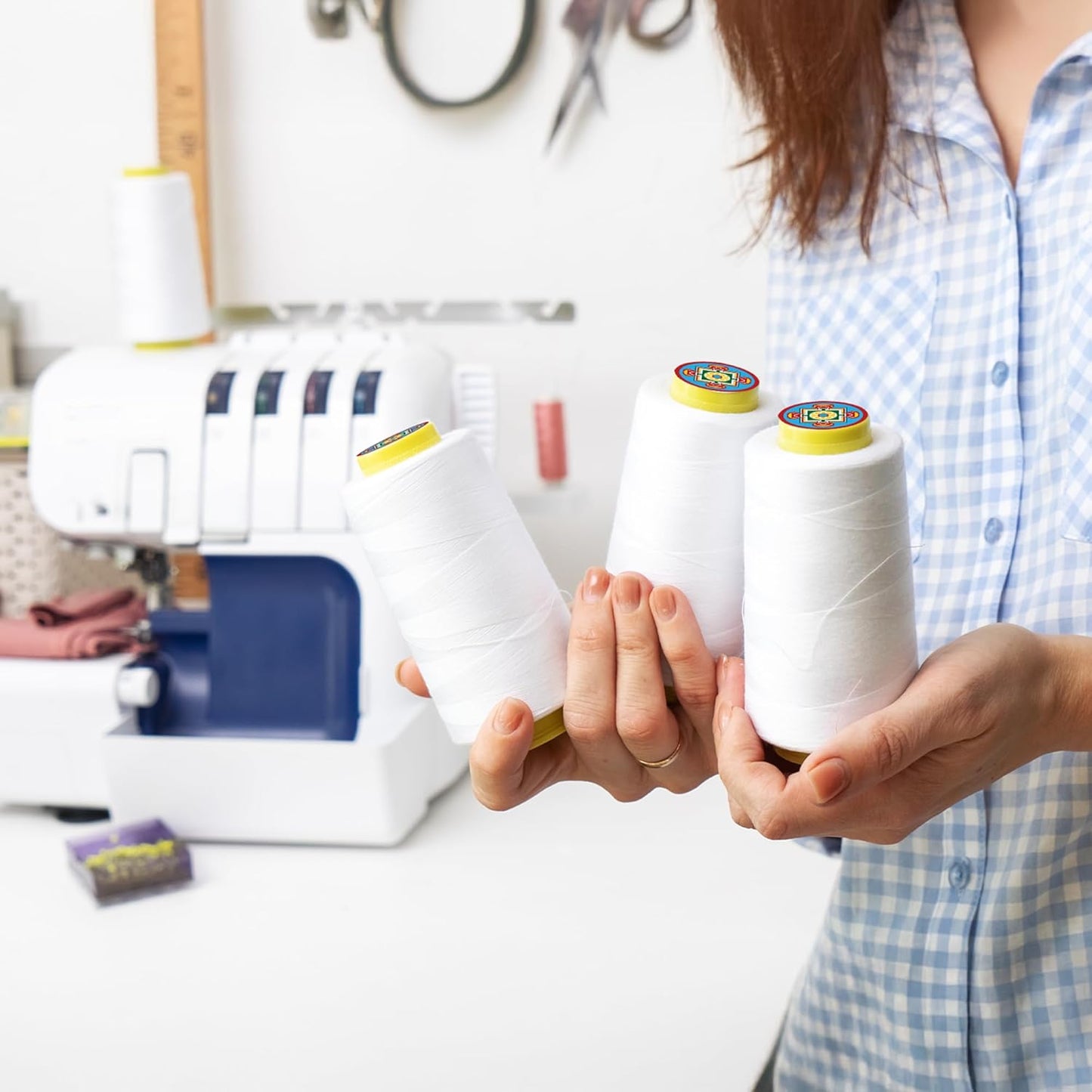 Mandala Crafts 4 Pack of Serger Threads Cones Spools - 40S/2 24000 Yards Polyester Butter Cream Threads for Sergers Machine and Overlock Quilting Sewing Machine