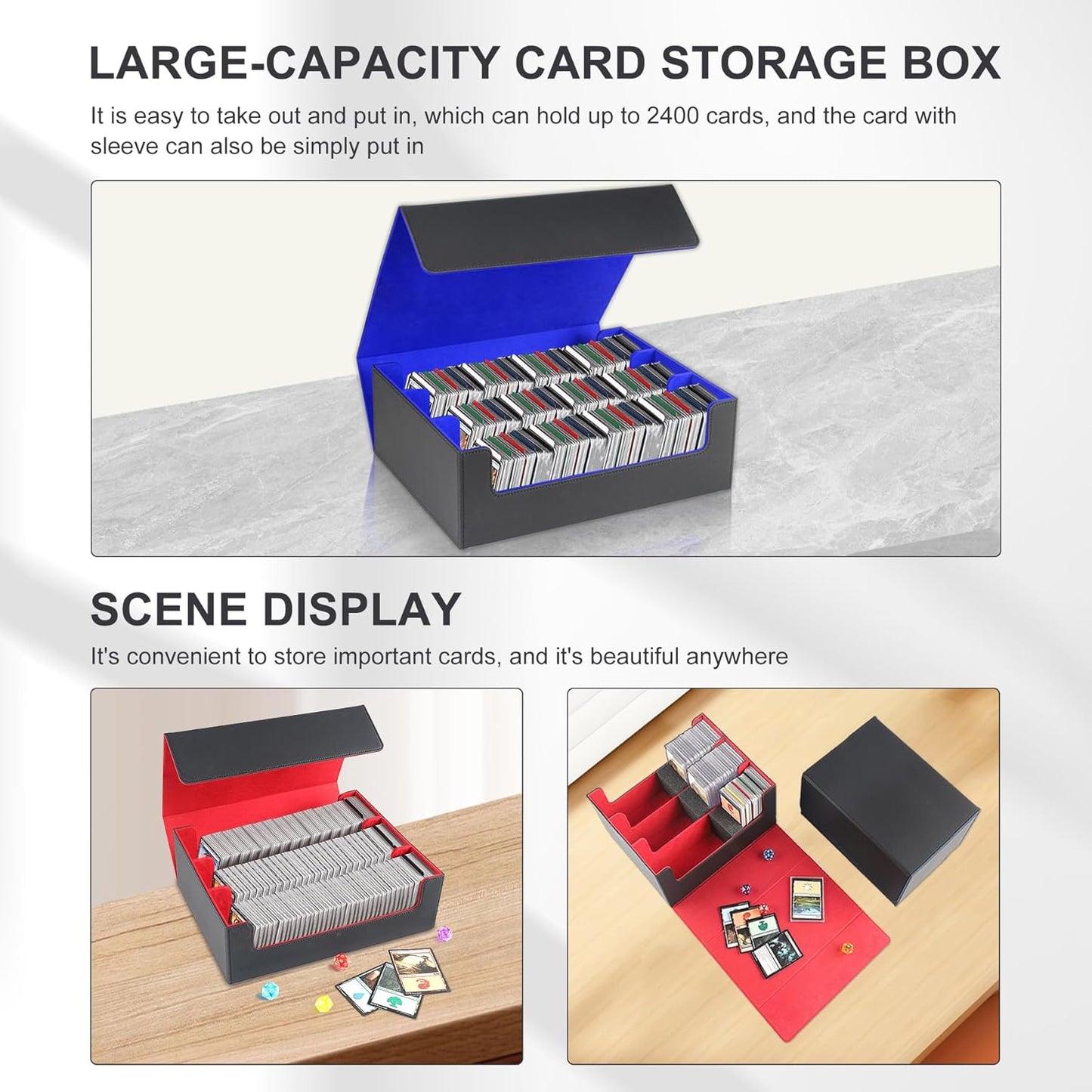 Card Storage Box for Trading Cards,2400+ Leather Magnetic Closure Commander Storage Box,Protectors Fit for YuGiOh, MTG and Sport Cards (Black, blue, 2400+)