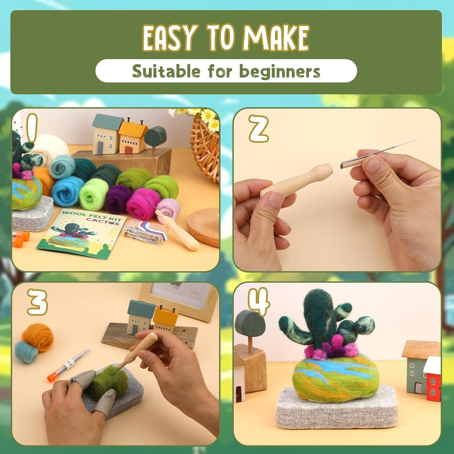 Yizzvb Needle Felting Kit for Beginners Adults, Complete Plant Wool Felting Set with 100pcs Sewing Pins, Felting Needles, Wool, Pad & Instructions, DIY Craft Kit for Home Decor & Creative Projects