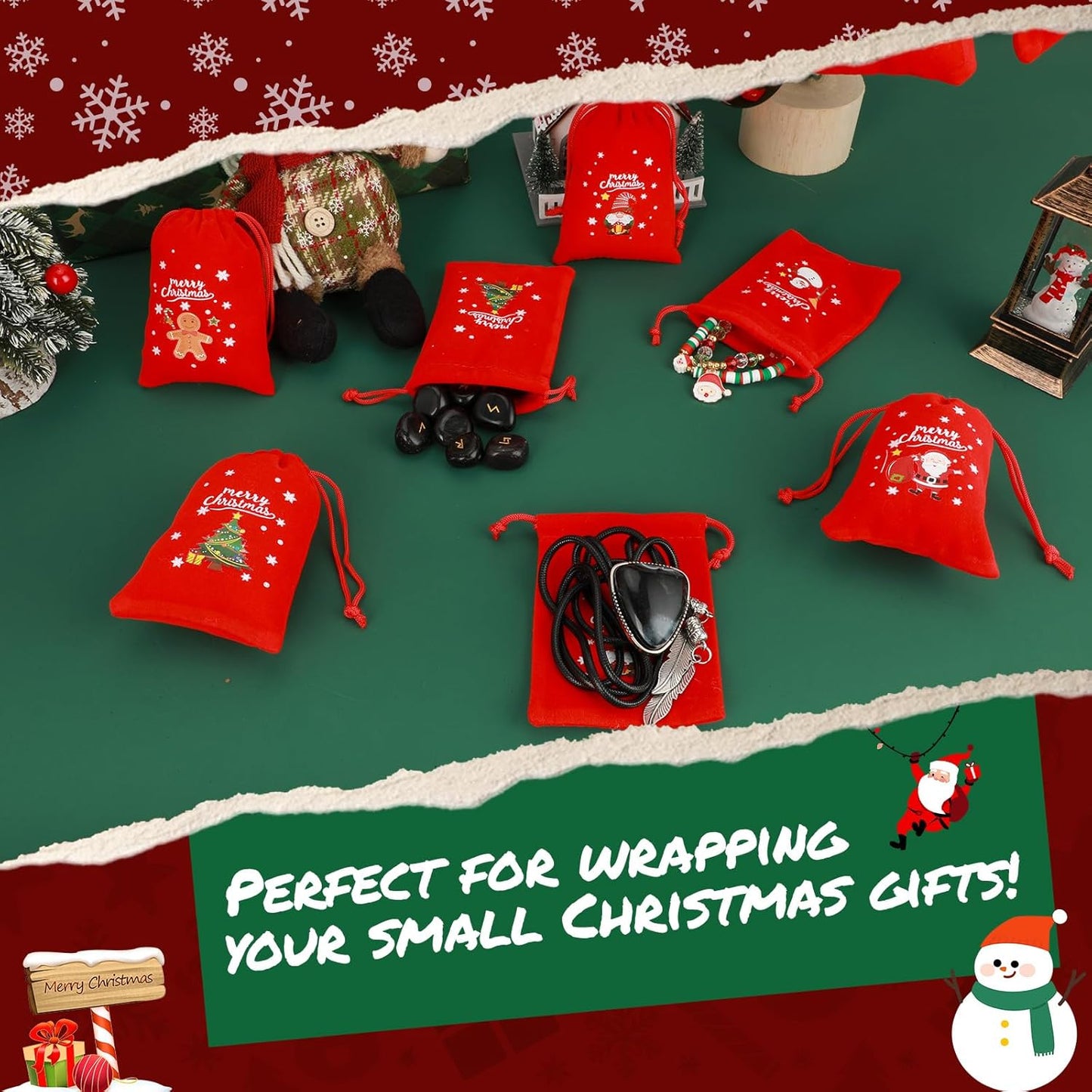 Tapleap Velvet Coth Christmas Bags with Drawstring, 50Pcs 3x4 for Wrapping Christmas Party Favors or Gifts for Friends, Children, Customers