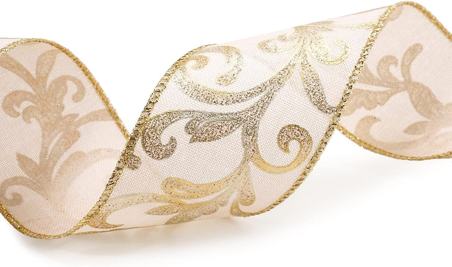 CT CRAFT LLC Tan Burlap Gold Swirl Wired Ribbon 2.5 Inch x 10 Yards for Christmas Home Decor Tree Topper Bow Gift Wrapping DIY Crafts Wreath Garland