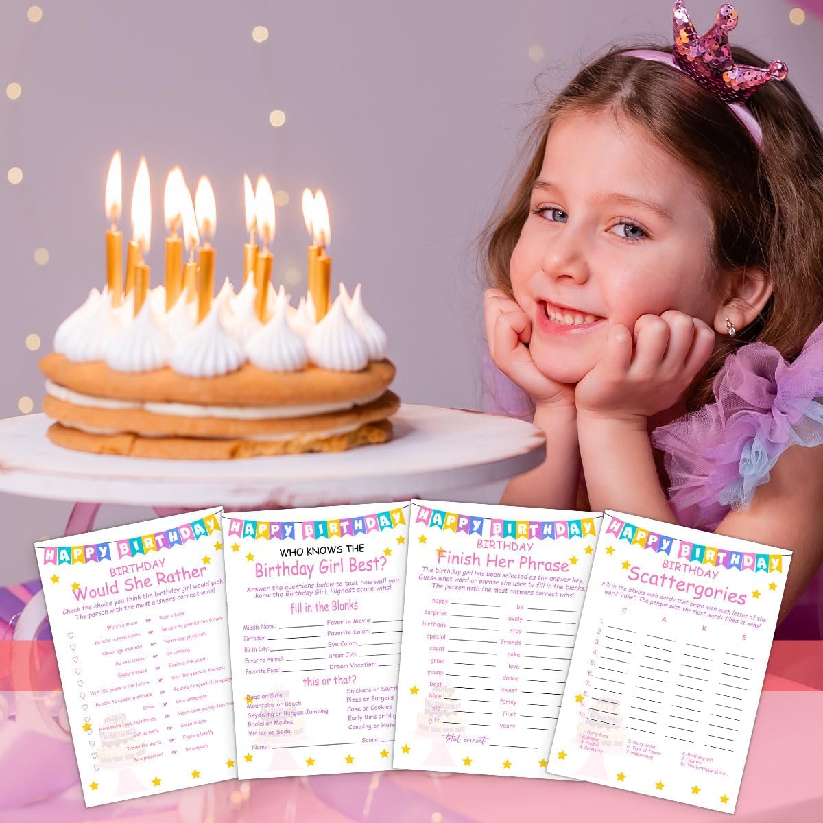 ALodr Girls Birthday Party Set, 20 Birthday Double Sided Cards Set, Girls Birthday Party Activity Notebook Themed Party Activity and Idea - Girl Birthday Supplies, Activity, Decorations