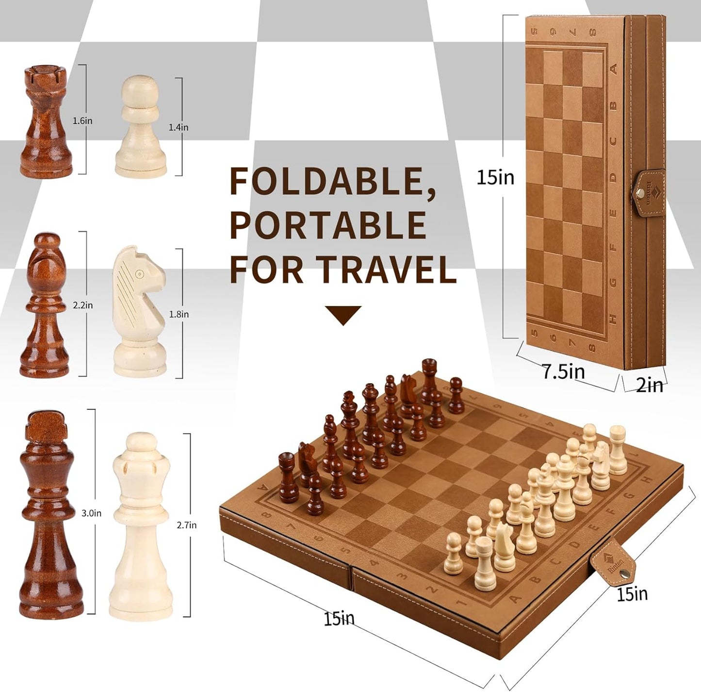 15" Magnetic Chess Set & Checkers Set 2 in 1,Rinten Leather Portable Travel Chess Board Game Sets with Velvet Bag Packaging Beginner Large Chess Set for Kids and Adults