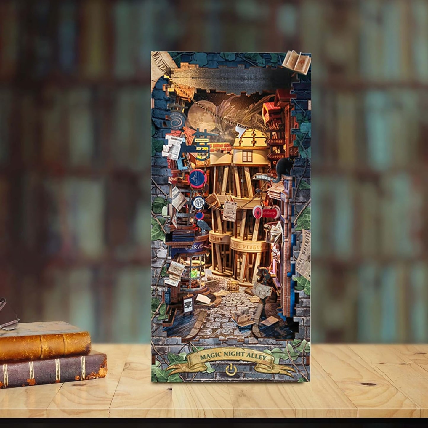 DIY Book Nook Kit,Dollhouse Booknook Bookshelf Insert Decor,3D Wooden Puzzles with LED Dust Cover,Book Nook Miniature Kit,Birthday Halloween Home Decor for Teen Adult-Magic Night Alley