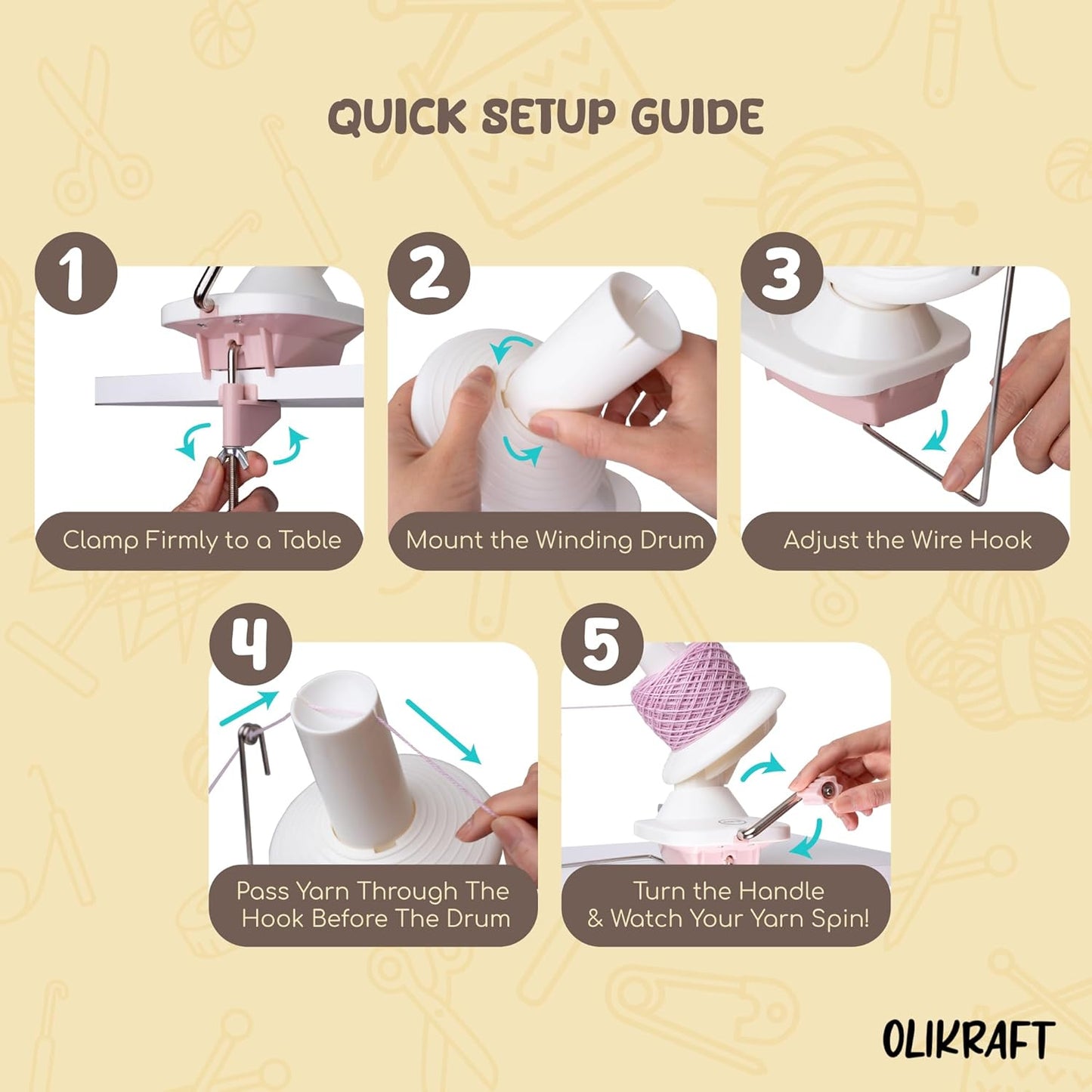 Olikraft Manual Yarn Winder | Yarn Ball Winder, Roller, Baller Crochet Spinner for Crocheting | Clamp for 1 3/4" Surfaces | Create Cakes up to 4oz