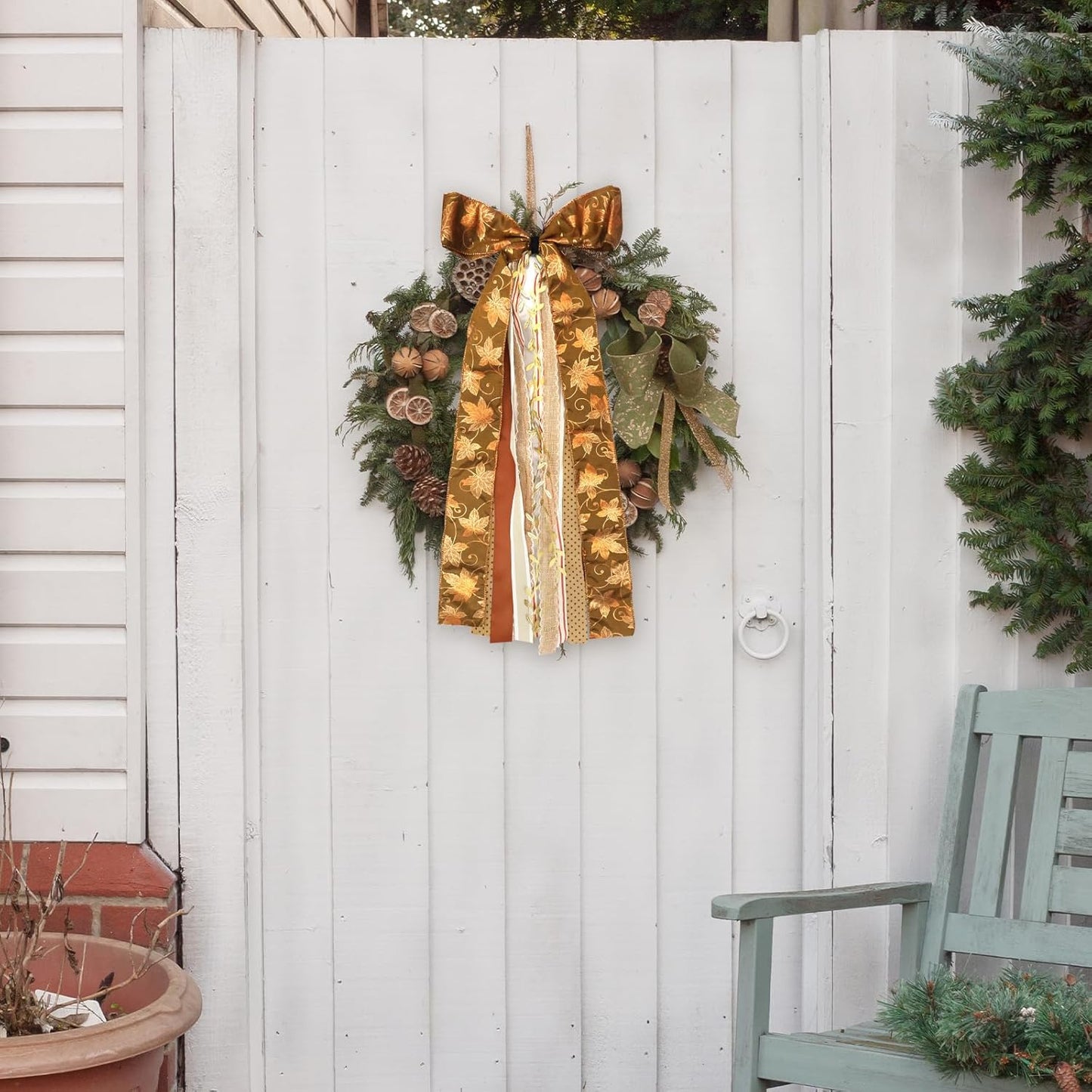 Large Maple Leaf Ribbons Bow for Wreath, Orange Glitter Dot Fabric Ribbons Set Assorted Leaf Lace Ribbon Stripe Clip-On Wreath Sash Ribbon Bundle for Fall Thanksgiving Home Indoor Outdoor Decor