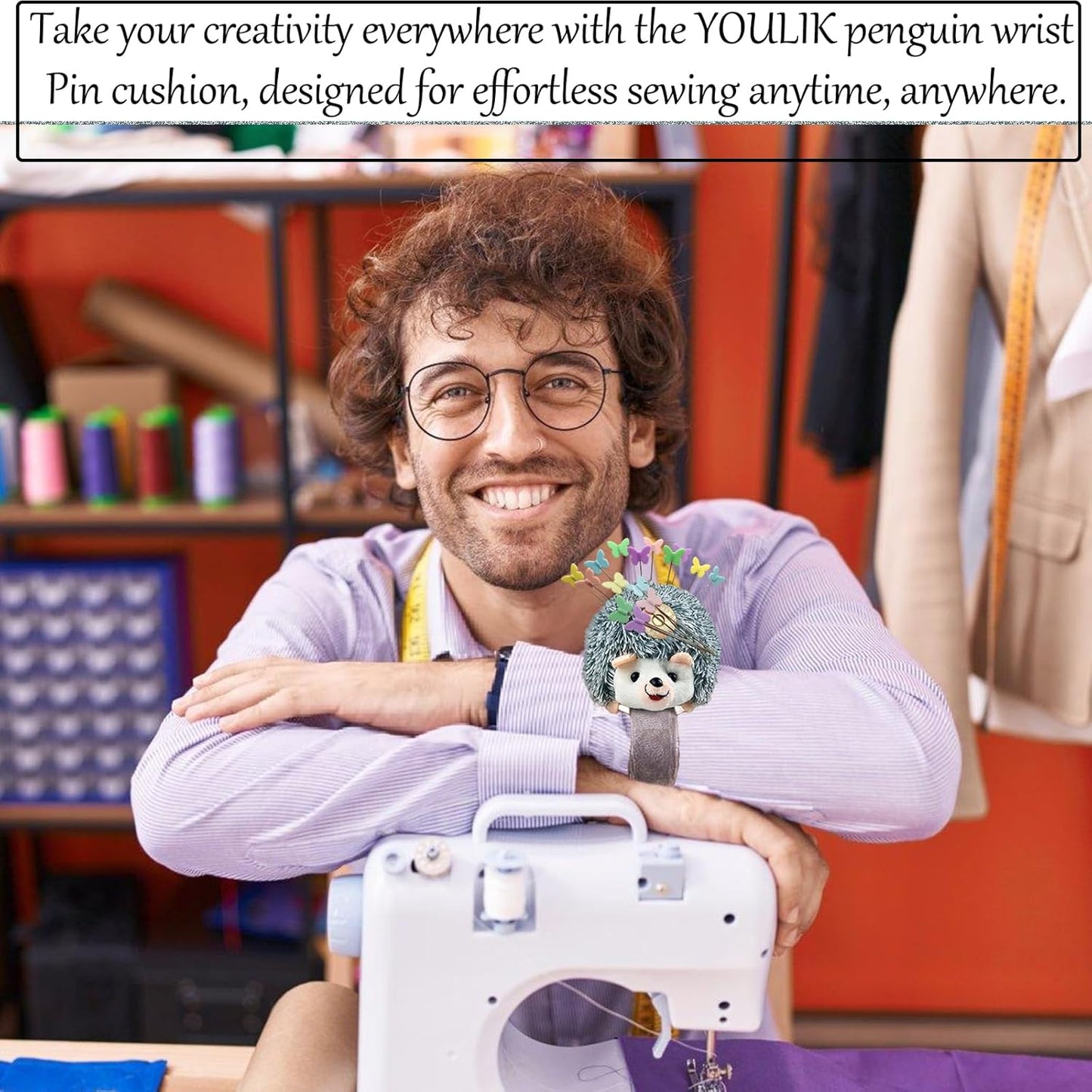 Cute Hedgehog Wrist Pin Cushion for Sewing with Magnetic, Snap Bracelet Wrist Bands for Pins and Needles Include 50 Lovely Butterfly Straight Pins.