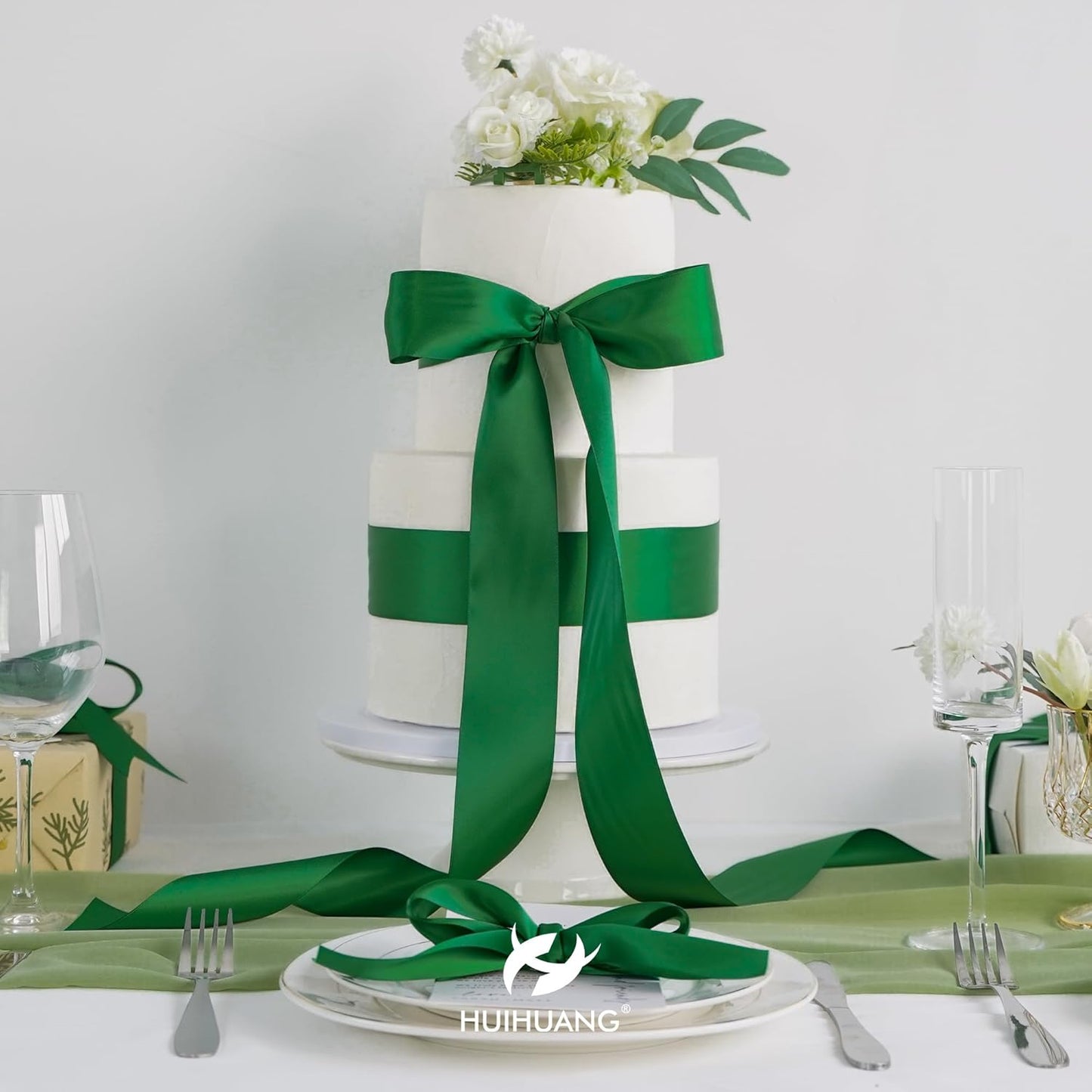 HUIHUANG Forest Green Ribbon 2 inch Double-Faced Forest Green Silk Fabric Ribbon for Christmas, Crafts, Bows Making, Flower Bouquet Wrap, Gift Wrapping, Home Decor, Hairs-25 Yards/Roll