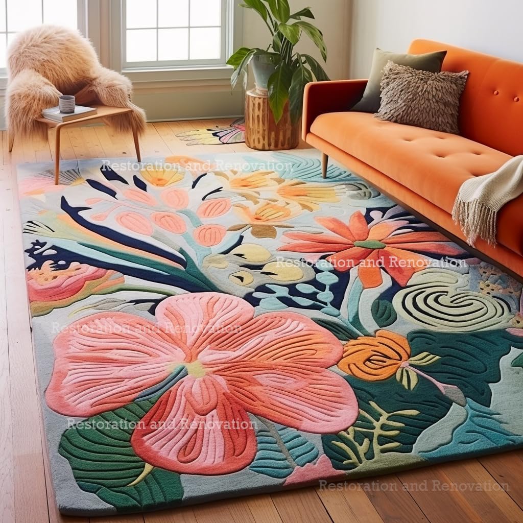 Handmade Wool Floral Area Rug for Living Room | Elegant Flower Garden Design, Soft, Thick and Durable | Bedroom, Dining Room & Home Decor Carpet (6' Round, Floral D)