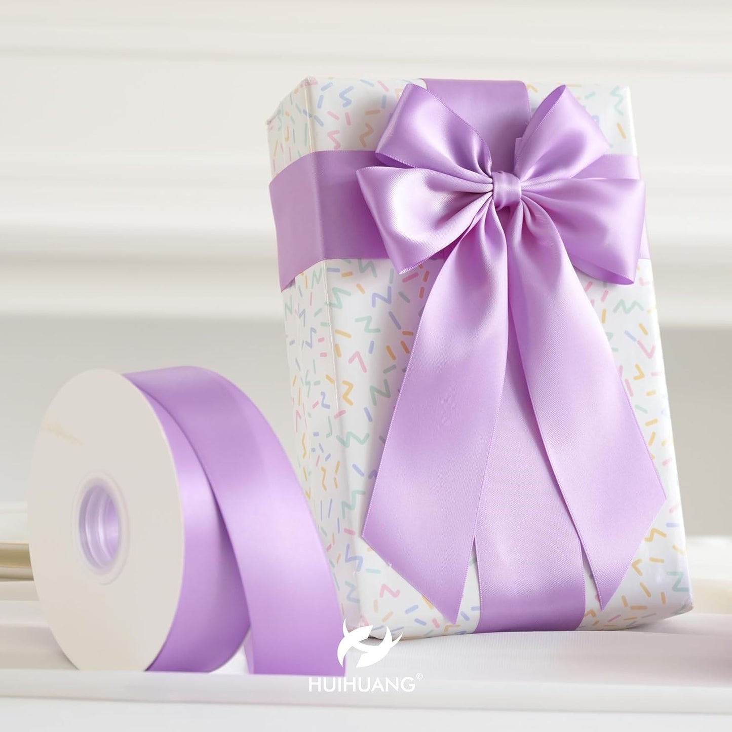 HUIHUANG Lilac Satin Ribbon 2 inch Wide Double Faced Satin Ribbon Lilac Purple Ribbon for Gift Wrapping, Bows Making, Flower Bouquet, DIY Crafts, Bridal Shower, Holiday Party Decor-25 Yards/Roll