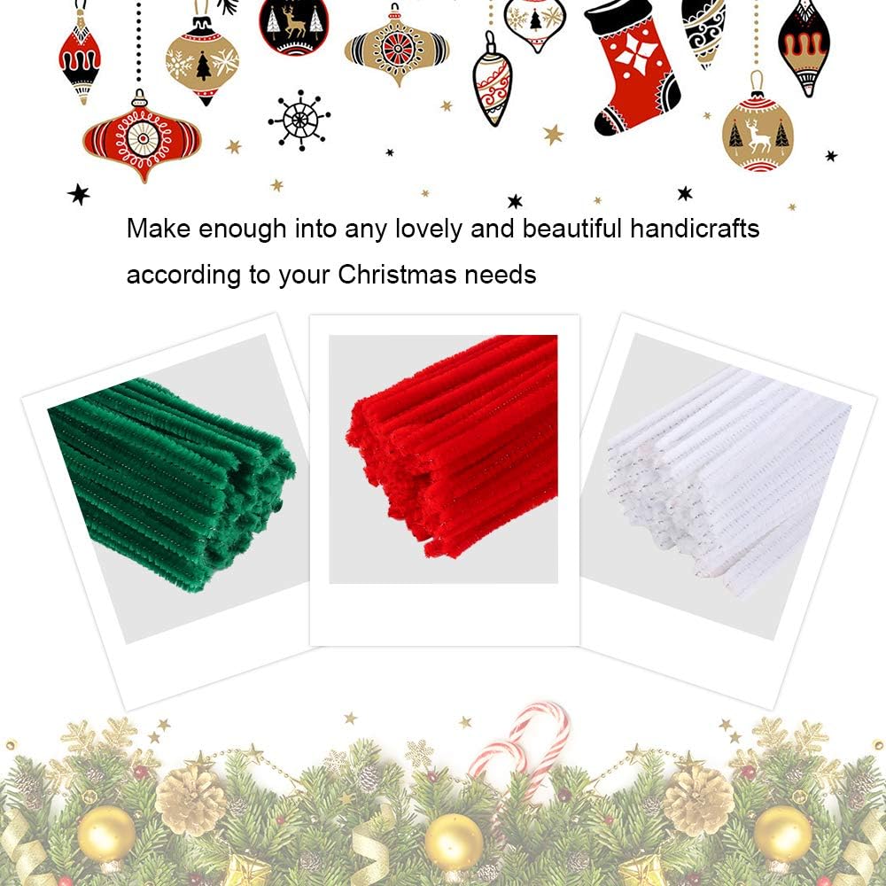 Caydo 300 Pieces 12 inch Christmas Pipe Cleaners for Christmas DIY, Creative Crafts Decorations (Red, Green, White)