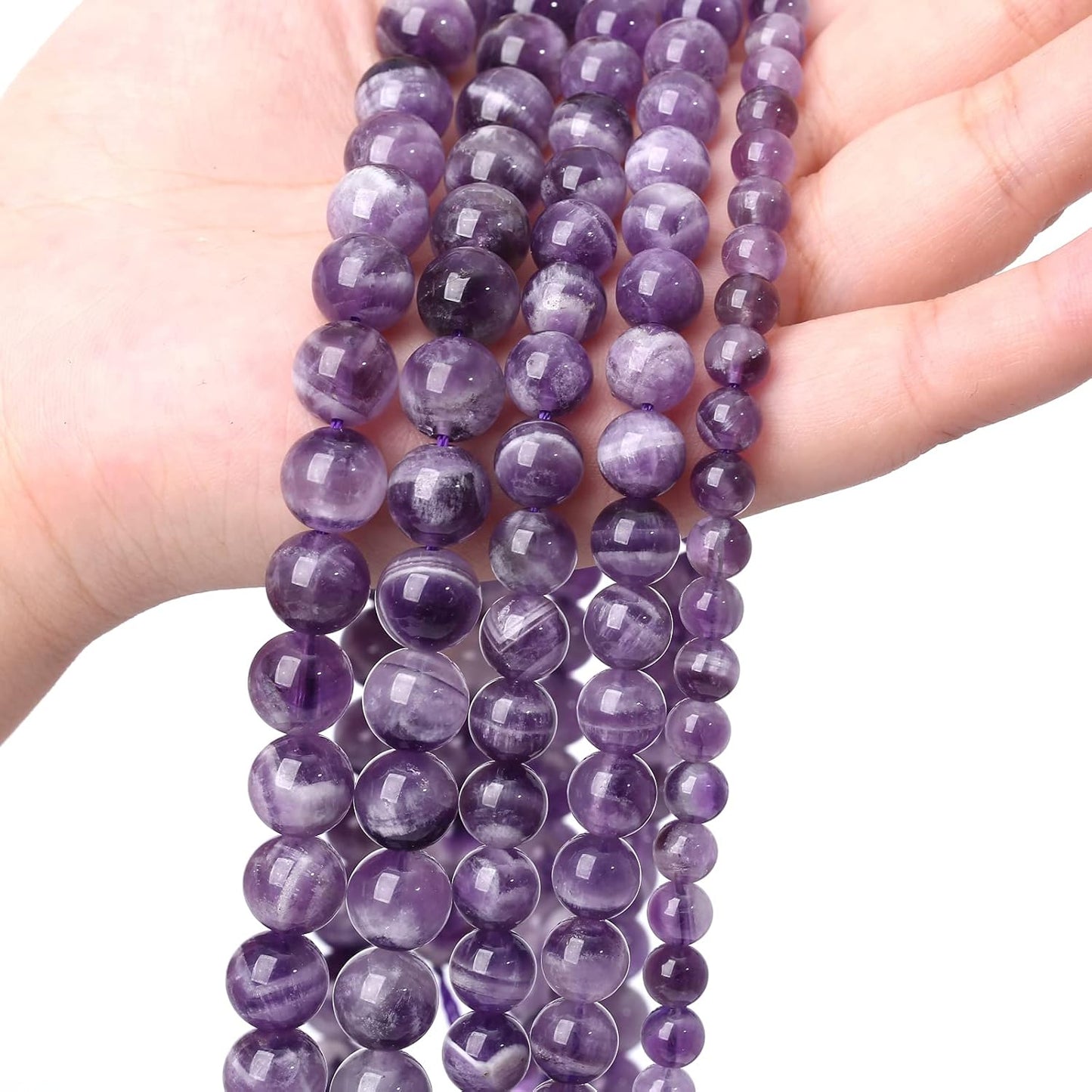 72PCS 10mm Natural Purple Dream Lace Amethysts Beads Crystal Round Loose Beads for Jewelry Making DIY Bracelet Necklace 32" 2 Strand