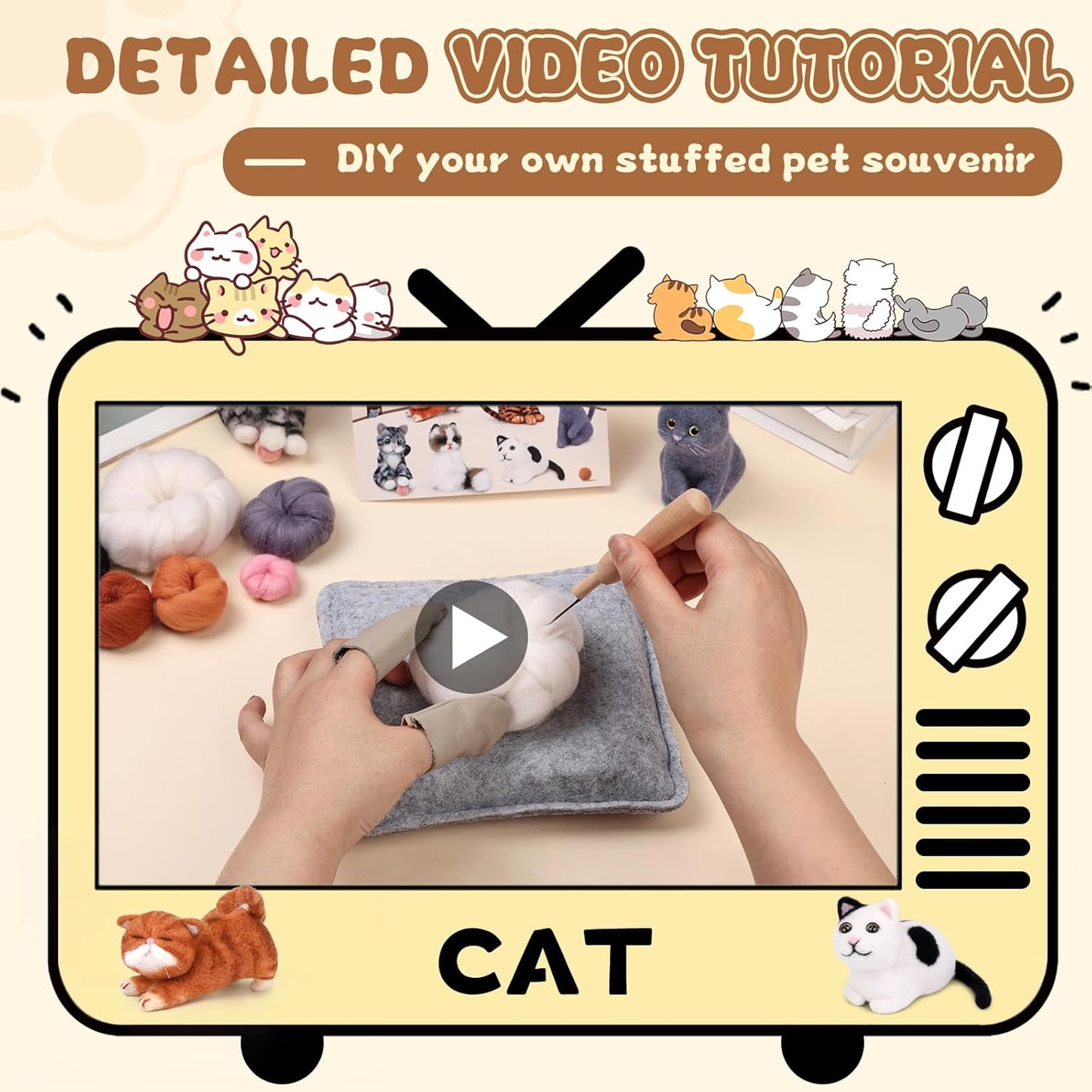 Mayboos 6 Pcs Needle Felting Kit, Animal Needle Felting Beginner Kits Wool Felt Needle Felting Tools with Instruction for DIY Craft Animal Home Decoration (Cute Cat)