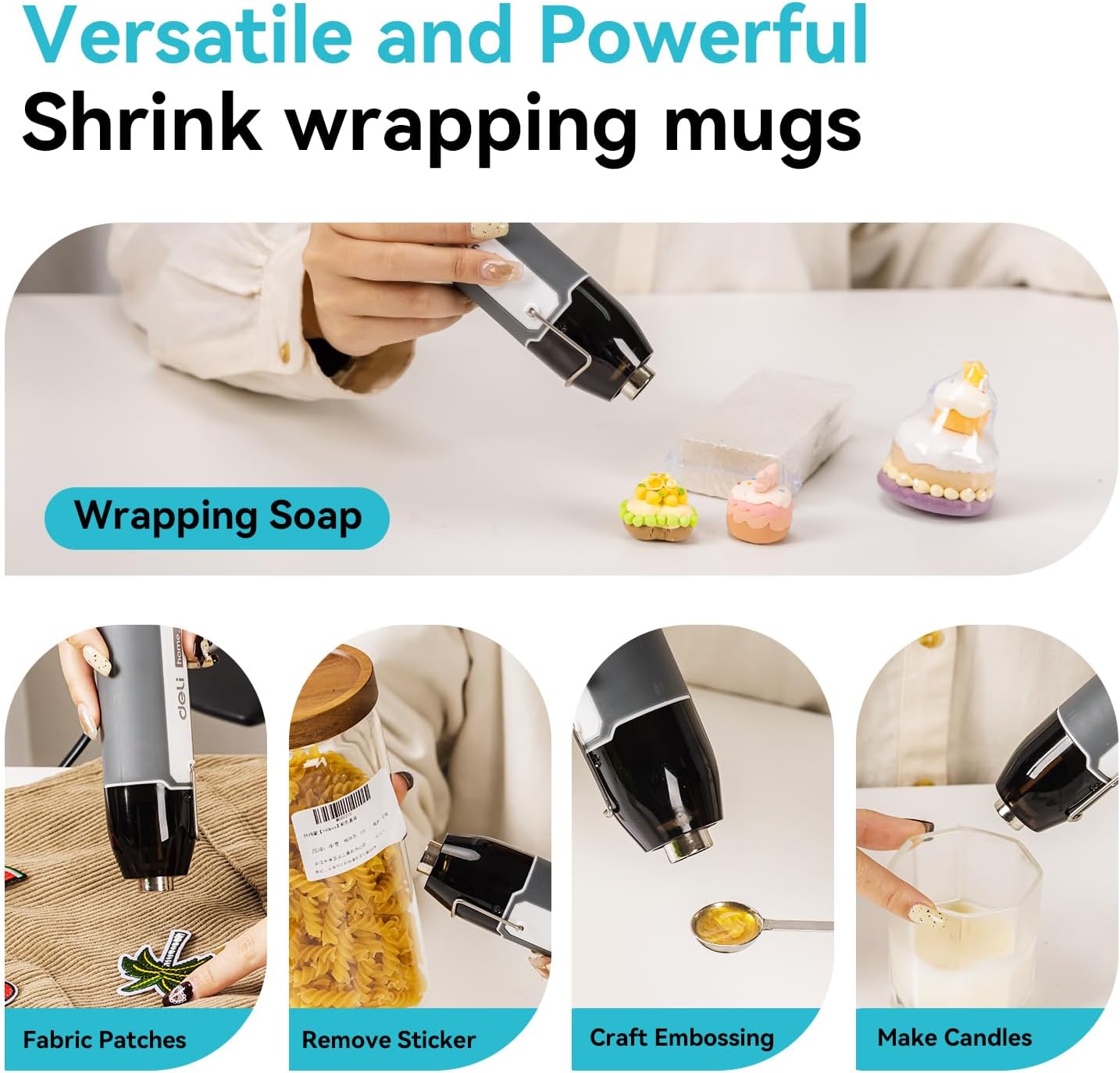 DELI Mini Heat Gun, 350W Dual Temp 500℉/842℉ (260℃/450℃) with Reflector & Extra Nozzles, 6 FT Cable, Overload Protection – for Crafting, Vinyl Wrap, Epoxy, Resin, Shrink Tubing