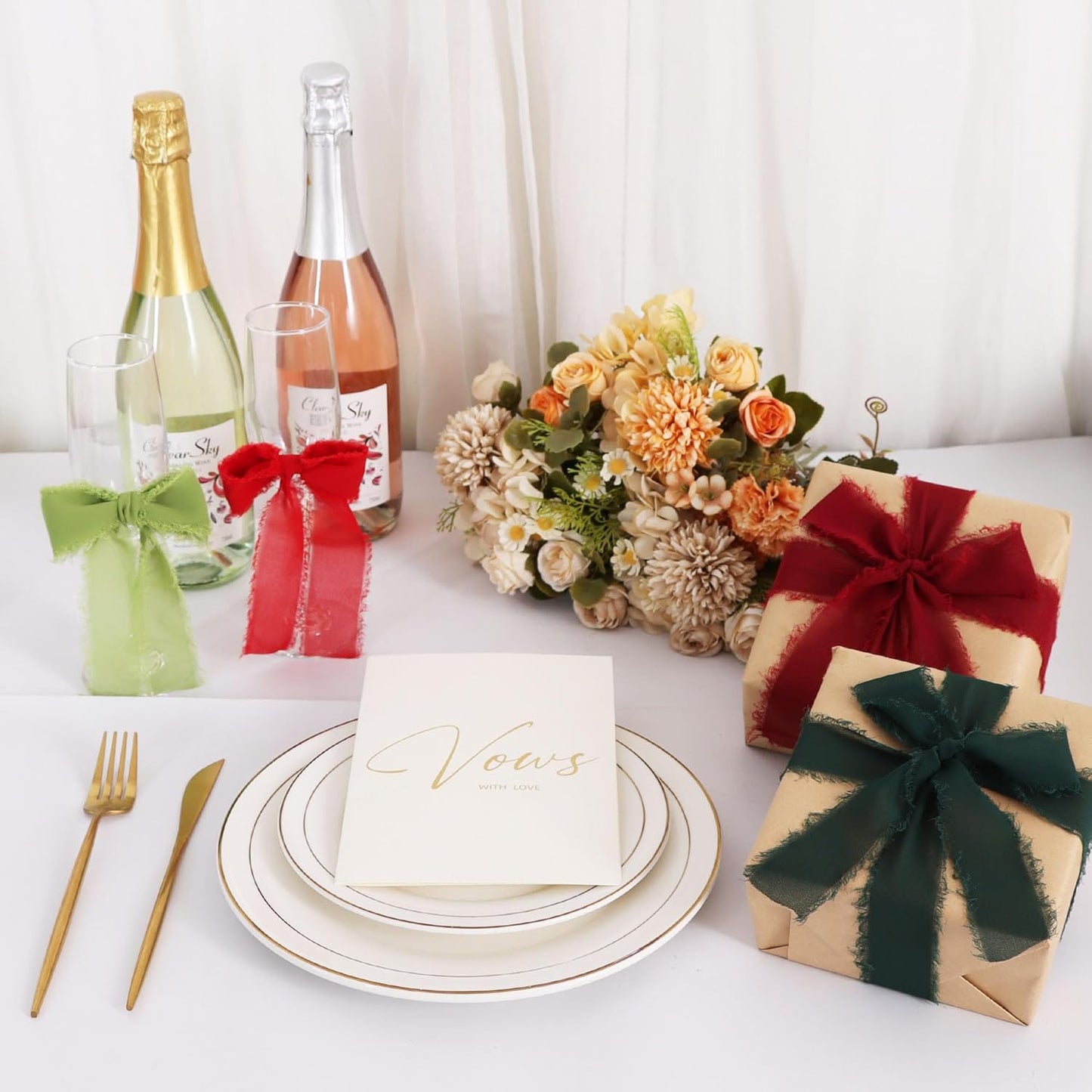 TONIFUL 4 Rolls Silk Chiffon Ribbon 1-1/2 Inch x 22 Yards, Red and Green Handmade Fringe Silk Ribbon Set for Gift Wrapping Flowral Bouquets Crafts Halloween Christmas Wreath Tree and Party Decoration