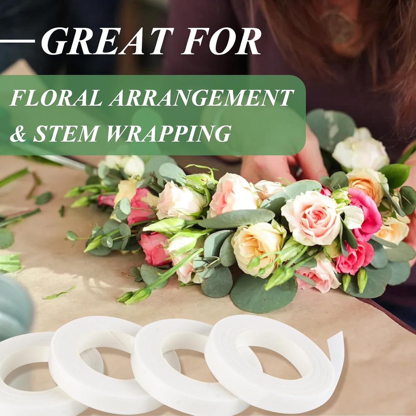 Phinus 9 Rolls Floral Tape, 1/2 Inch x 30 Yard Flower Tape, Green Floral Tape for Floral Crafts Supply, Bouquet Stem Wrapping, Wedding Bouquet (White)