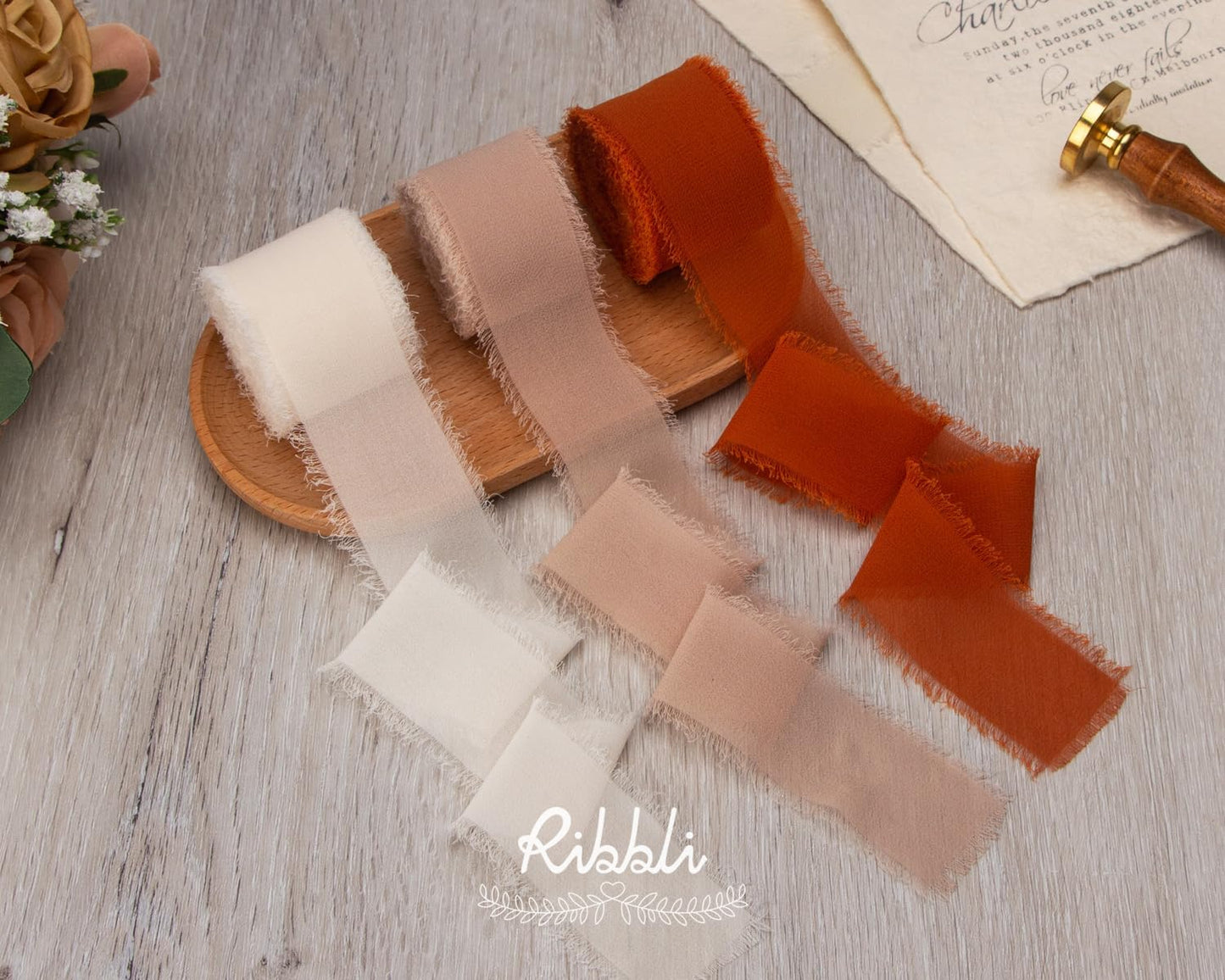 Ribbli Fall Chiffon Ribbon 1.5 inch x 30 Yard Handmade Silk, Cream/Beige/Terracotta Fringe Chiffon Ribbon for Wedding Invitations, Bridal Bouquets Wrapping, Flower Arrangement Decoration